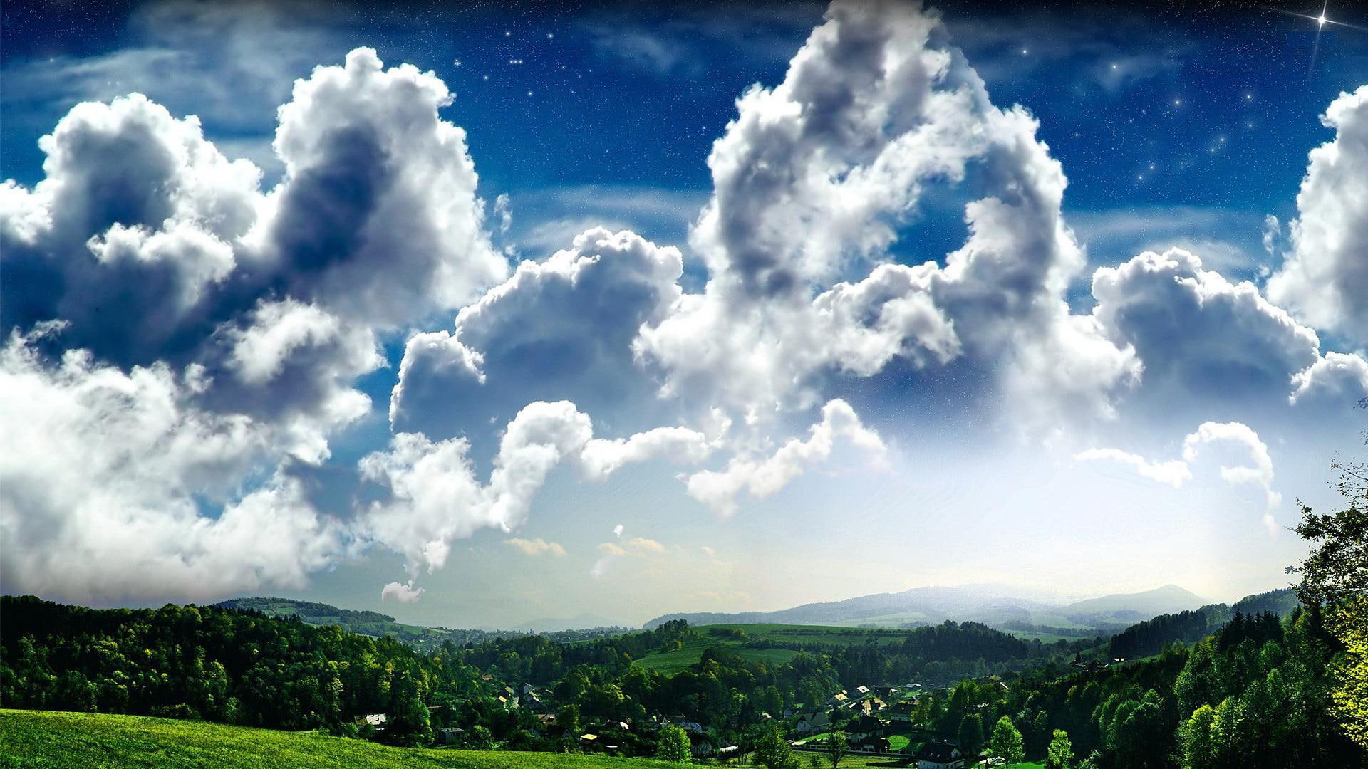 town, grass, houses, architecture, puffy, beautiful, nature, blue, ground, village, 1080P, clouds, green, mountain, land, HD Wallpaper