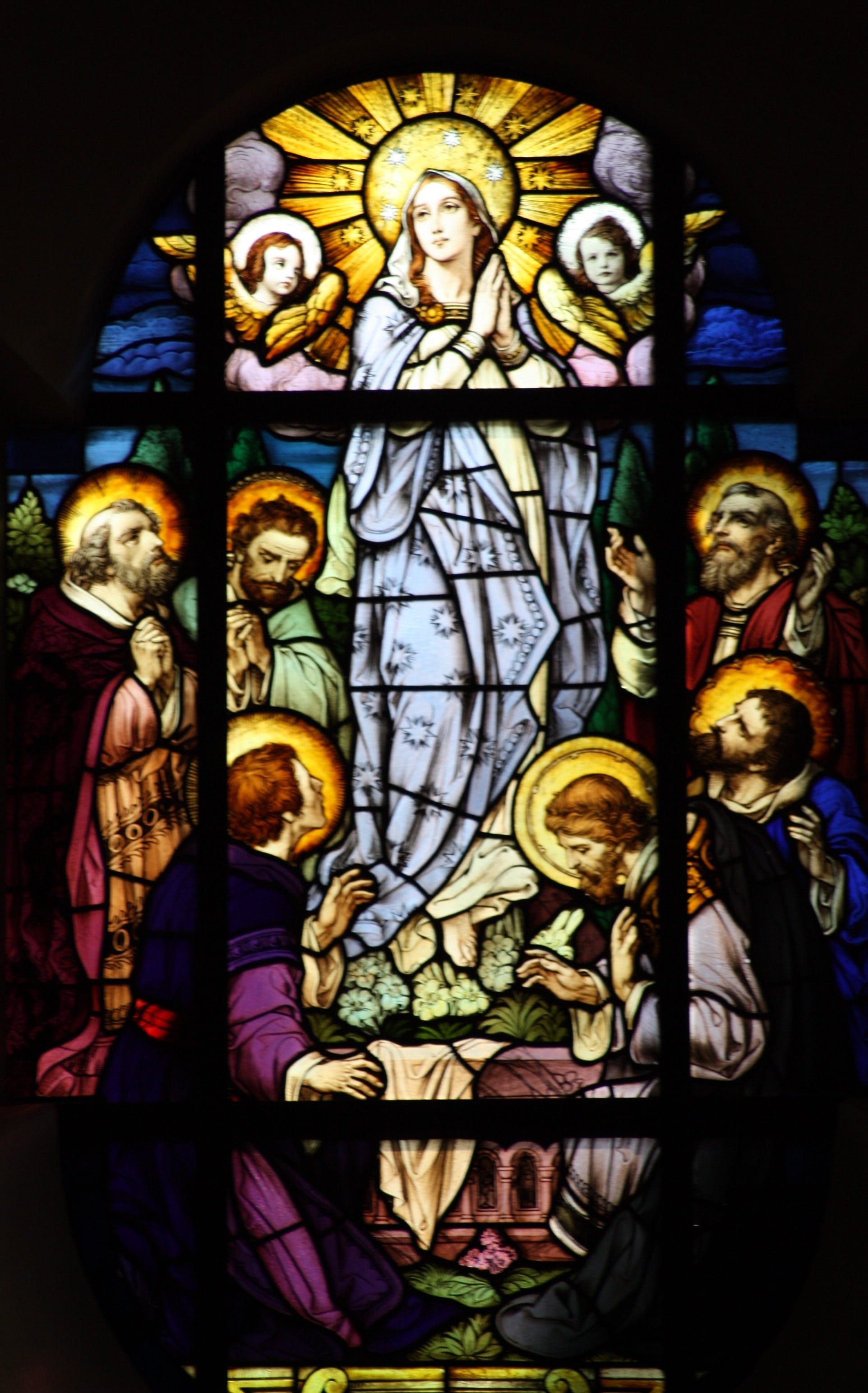 representation, male likeness, glass - material, spirituality, built structure, belief, art and craft, building, architecture, window, christian, maria, Phone HD Wallpaper