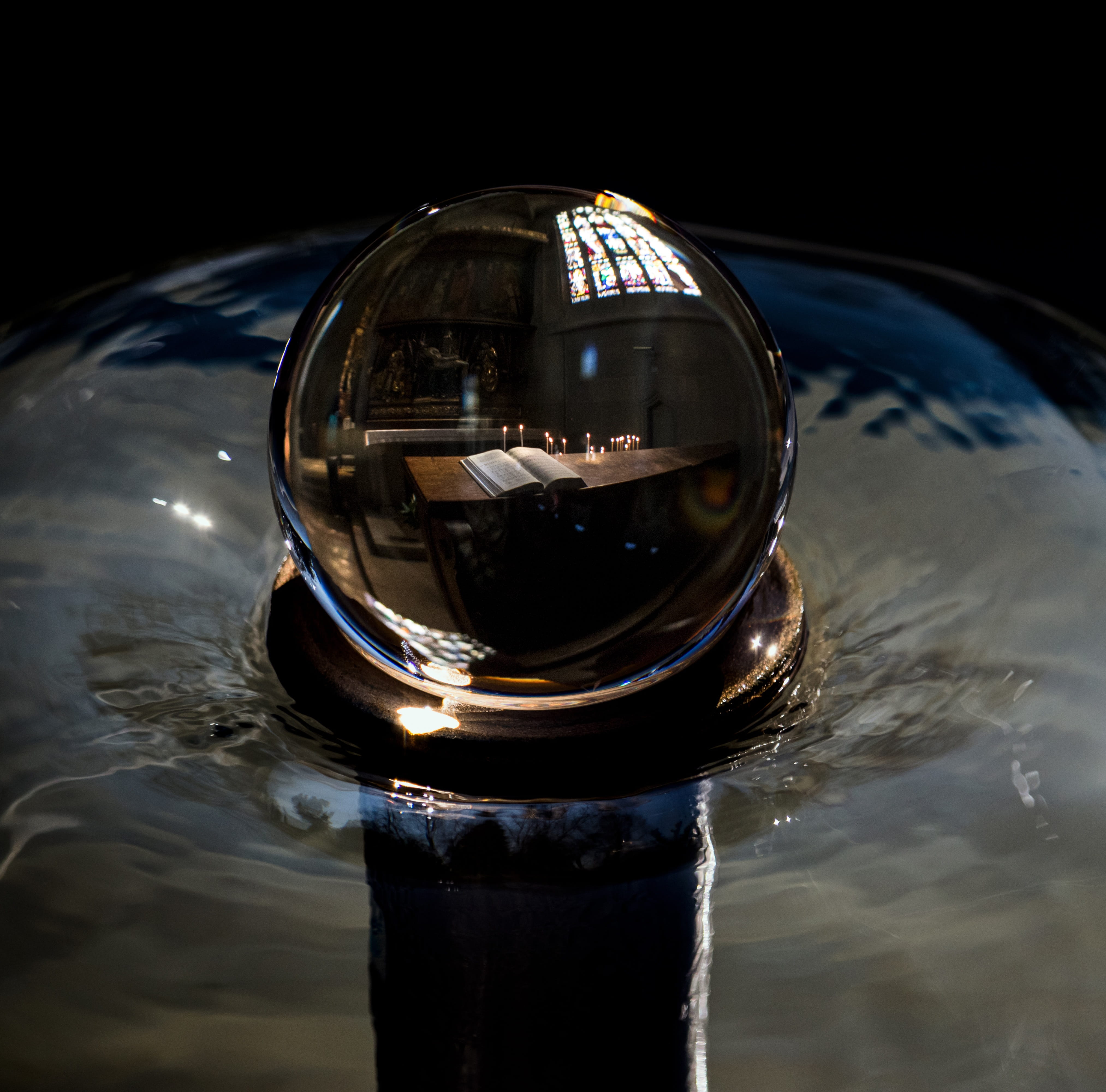 circle, ball, shiny, waterfront, rippled, shape, water, church, hymnal, light, composing, sphere, silver colored, mood, no people, close-up, day, 4K, nature, HD Wallpaper