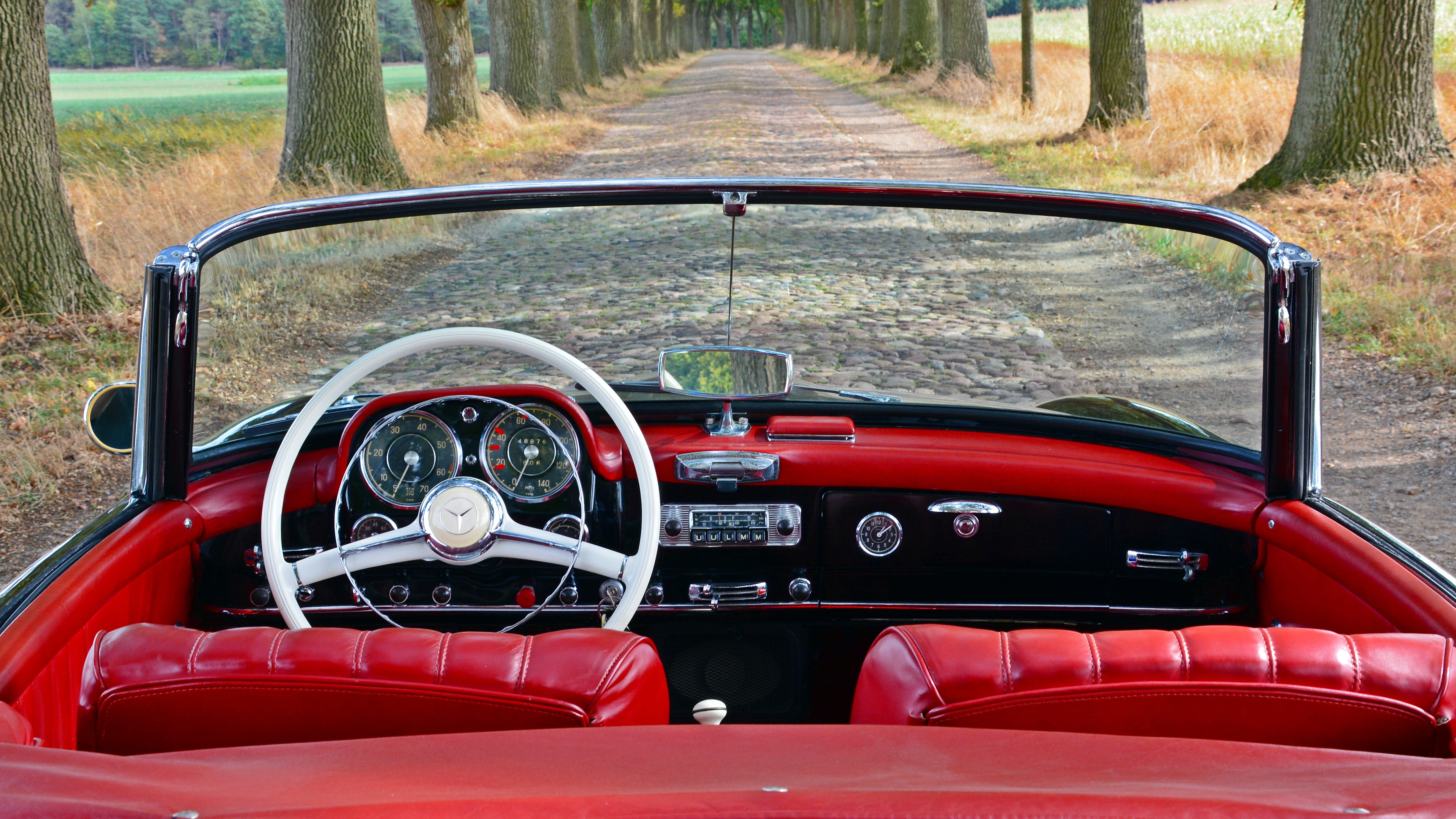 no people, mercedes, red, mercedes 190 sl, retro styled, tree, cabriolet, automotive, transportation, road, glass - material, mode of transportation, car, HD Wallpaper