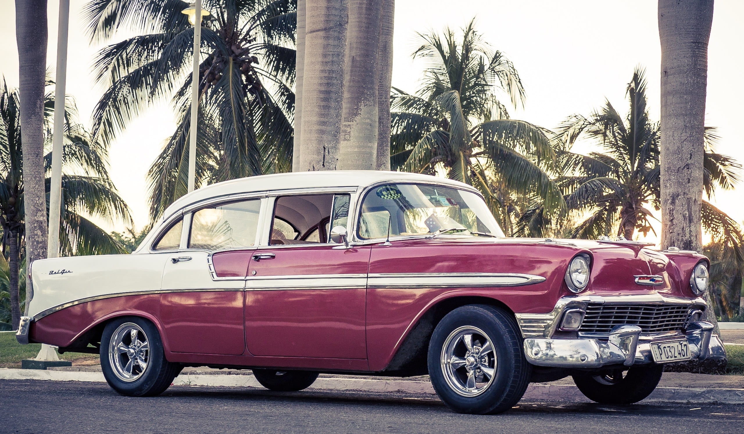 2K, vehicle, white, maroon, outdoors, oldtimer, palm tree, land vehicle, auto, built structure, tree, near, automotive, car, red, nature, trees, classic, HD Wallpaper
