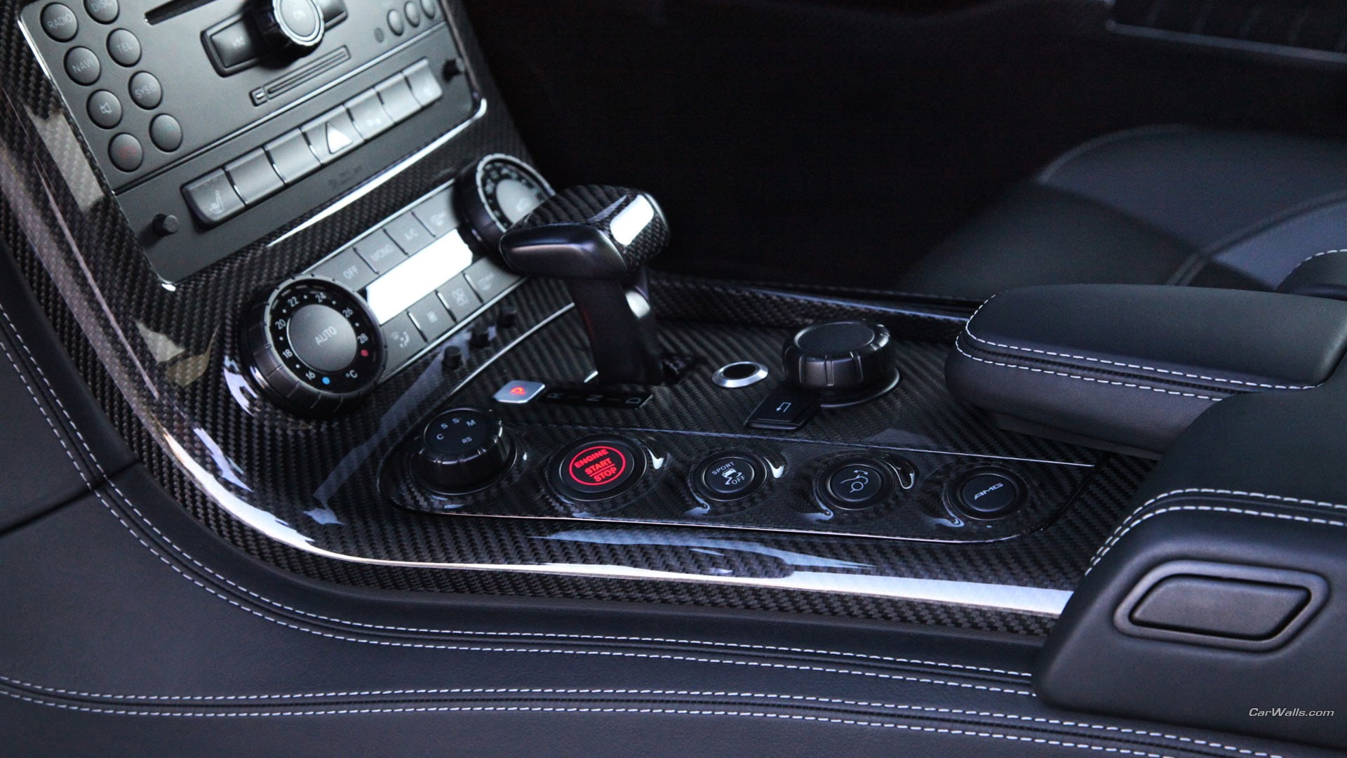high angle view, close-up, push button, dashboard, vehicle, land vehicle, indoors, 1080P, control panel, Mercedes SLS, motor vehicle, gearshift, car, control, HD Wallpaper