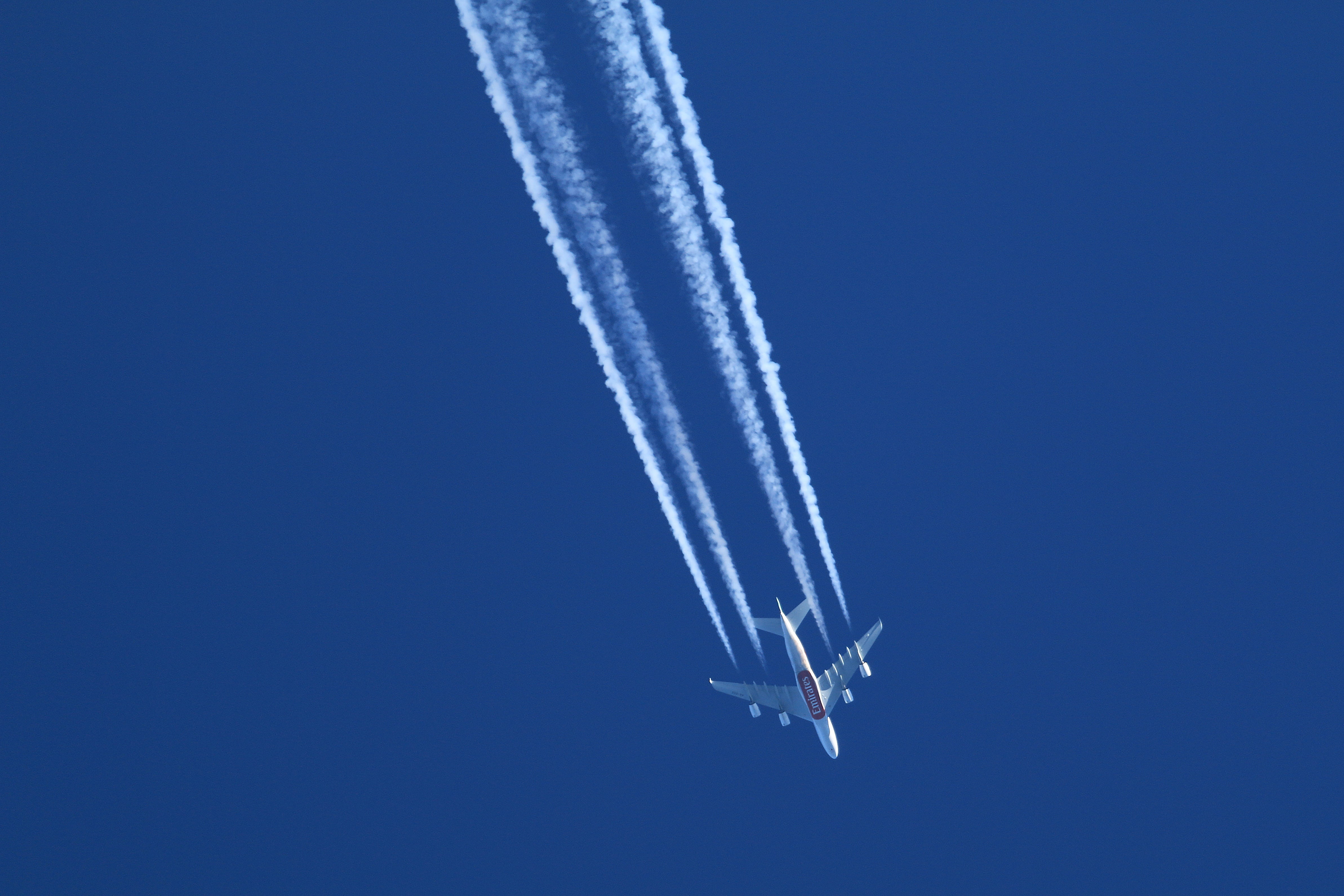 jet propulsion, blue, fly, low angle view, aviation, no people, radiation plane, travel, day, contrail, smoke - physical structure, nature, airline, cloud - sky, HD Wallpaper