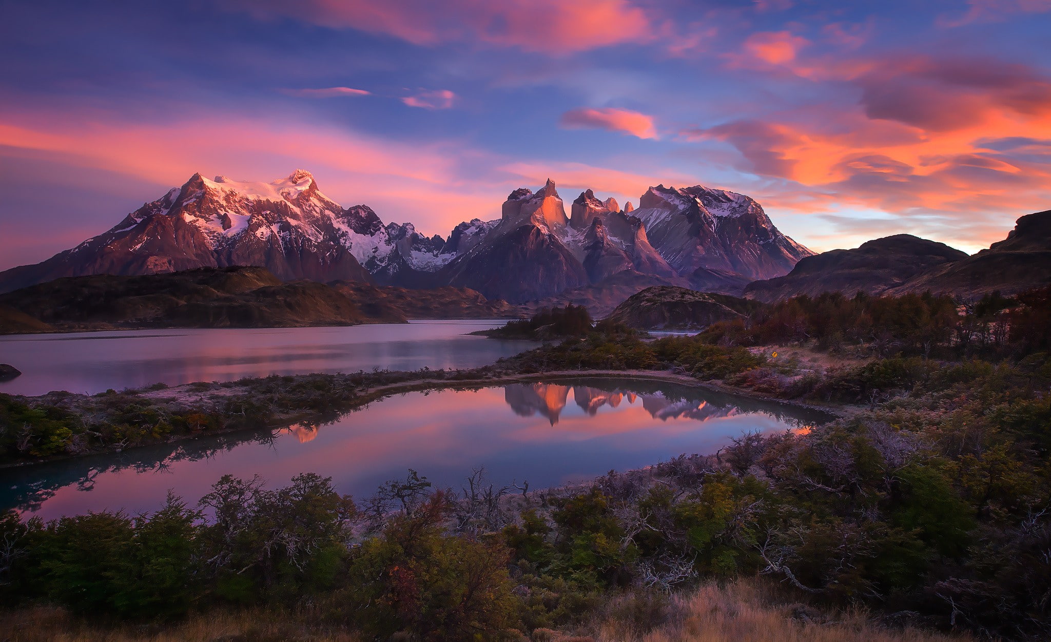 nature, snowy peak, lake, Torres del Paine, mountains, shrubs, Chile, clouds, 1080P, Patagonia, landscape, HD Wallpaper