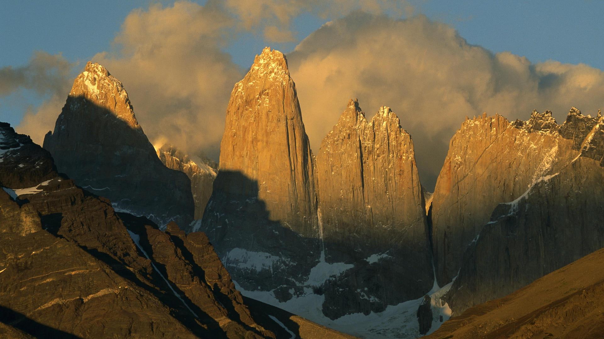 1080P, sunrise, torres del paine, patagonia, rangers, peaks, 3d and abstract, peaks at sunrise, chile, mountain, covered, snow, HD Wallpaper
