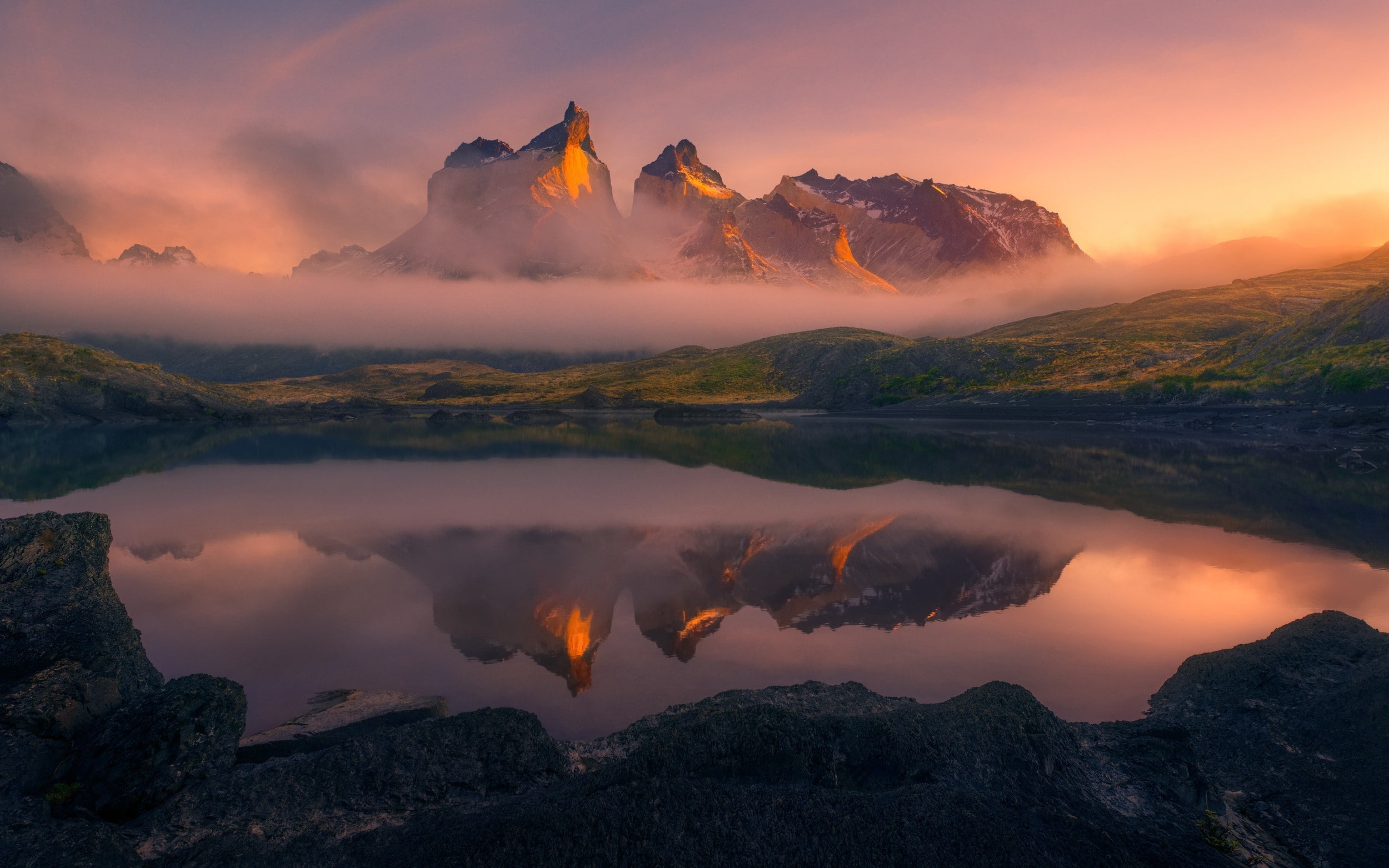 mountains, summer, 1080P, Torres del Paine, mist, Chile, reflection, lake, landscape, nature, water, HD Wallpaper