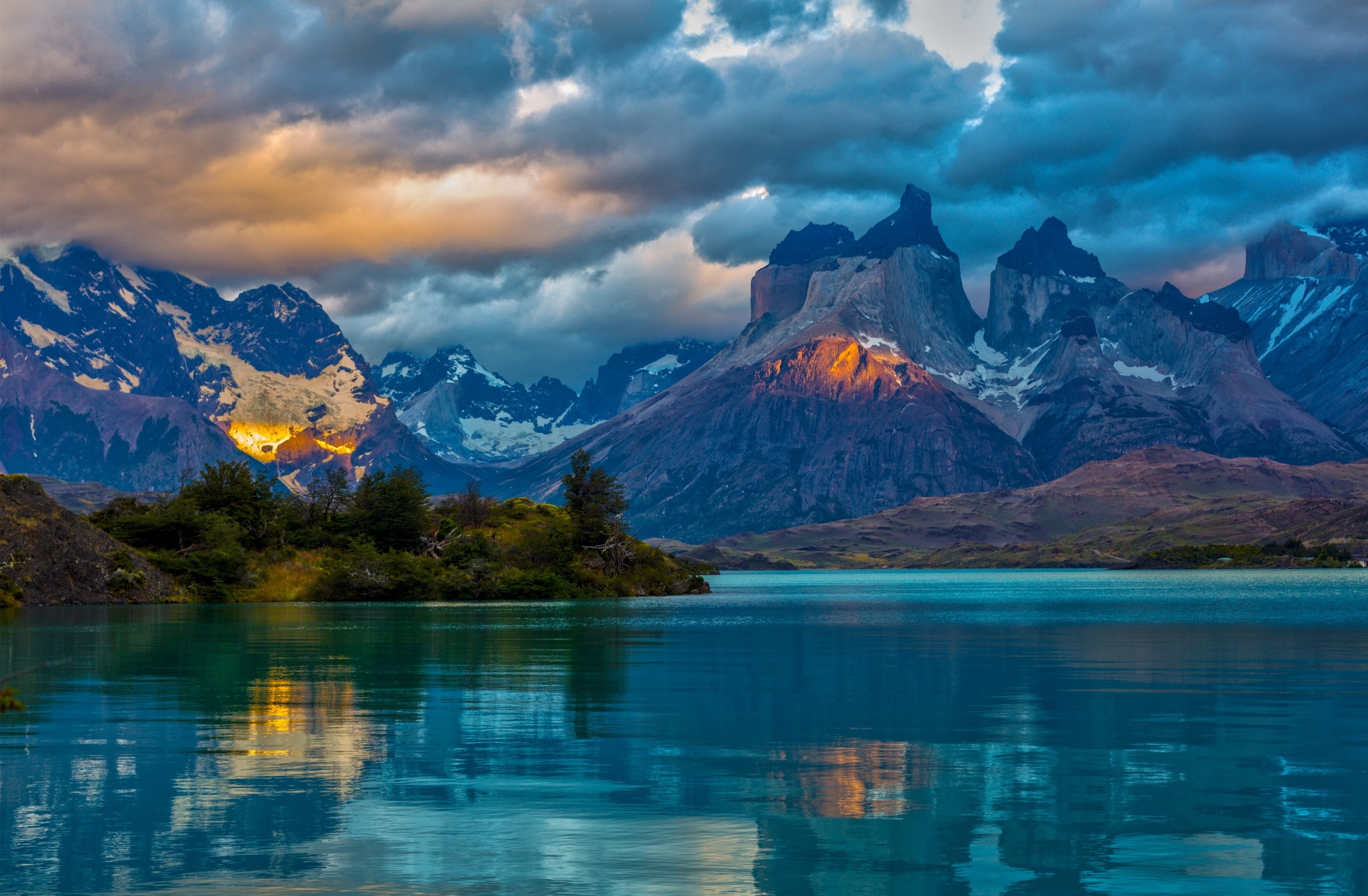 Chile, nature, water, lake, mountains, landscape, snowy peak, 1080P, sunbeams, Torres del Paine, shrubs, clouds, HD Wallpaper