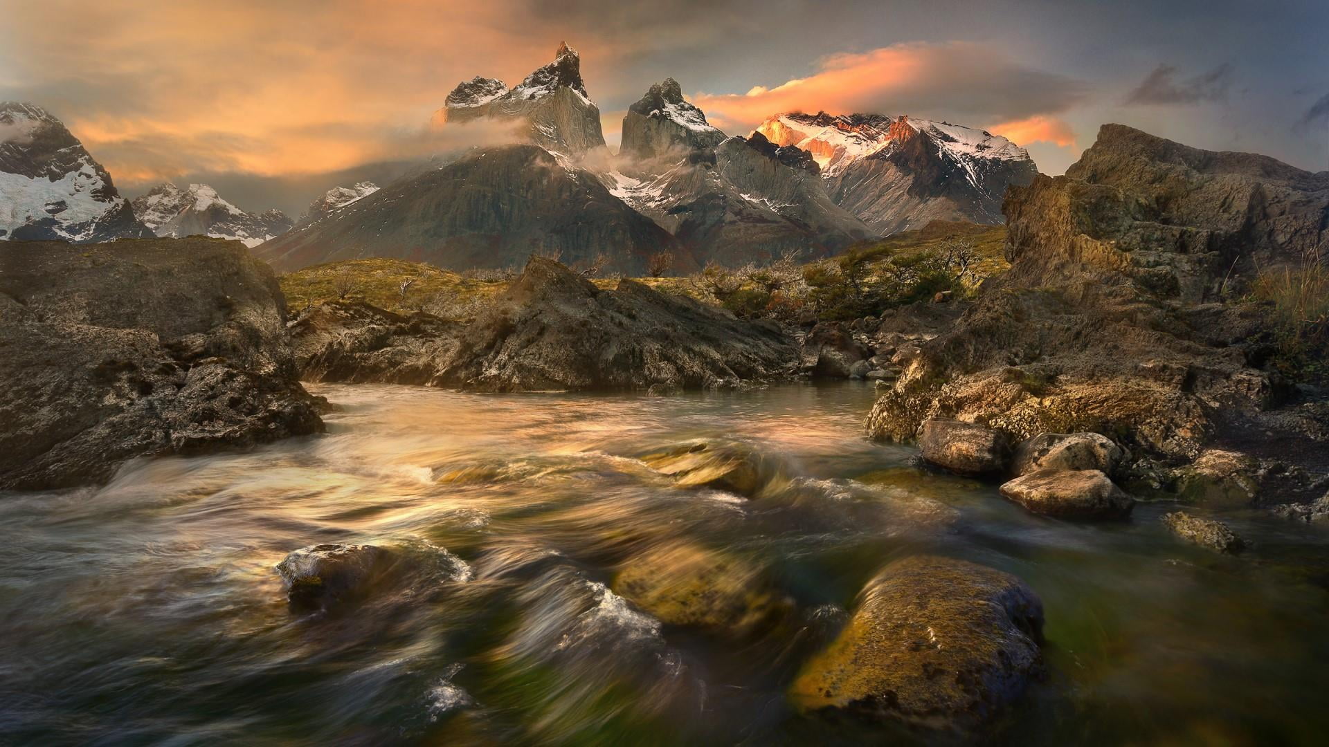 environment, bank, wilderness, mountain peak, mountain, tree, water, sunset, scenics - nature, beauty in nature, reflection, tranquil scene, terrain, cloudy, HD Wallpaper