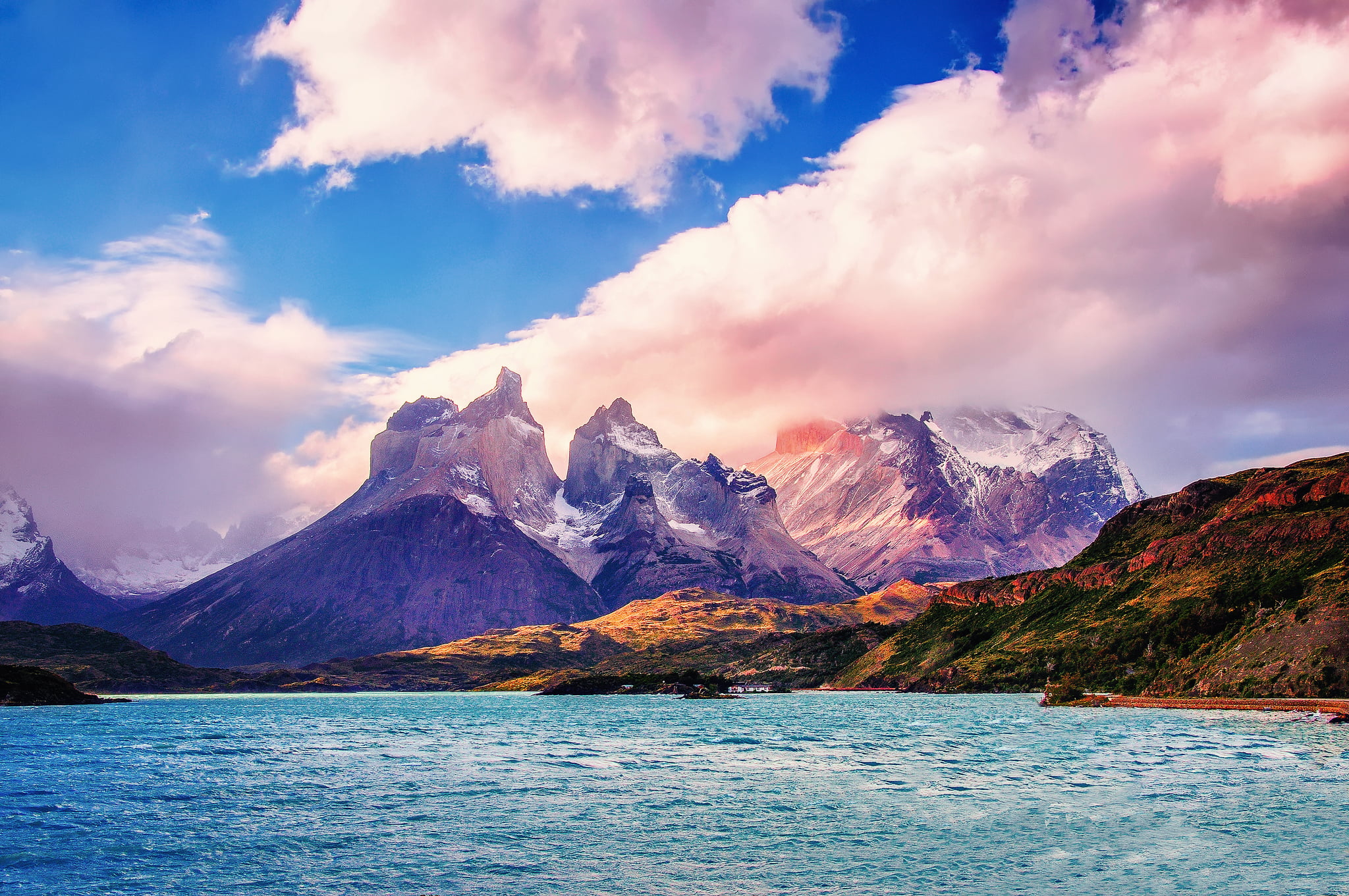 hiking, environment, Patagonia, lake, blue, the sky, sunset, journey, nature, travel Destinations, beauty In Nature, scenics, cloud - Sky, travel, sunlight, HD Wallpaper