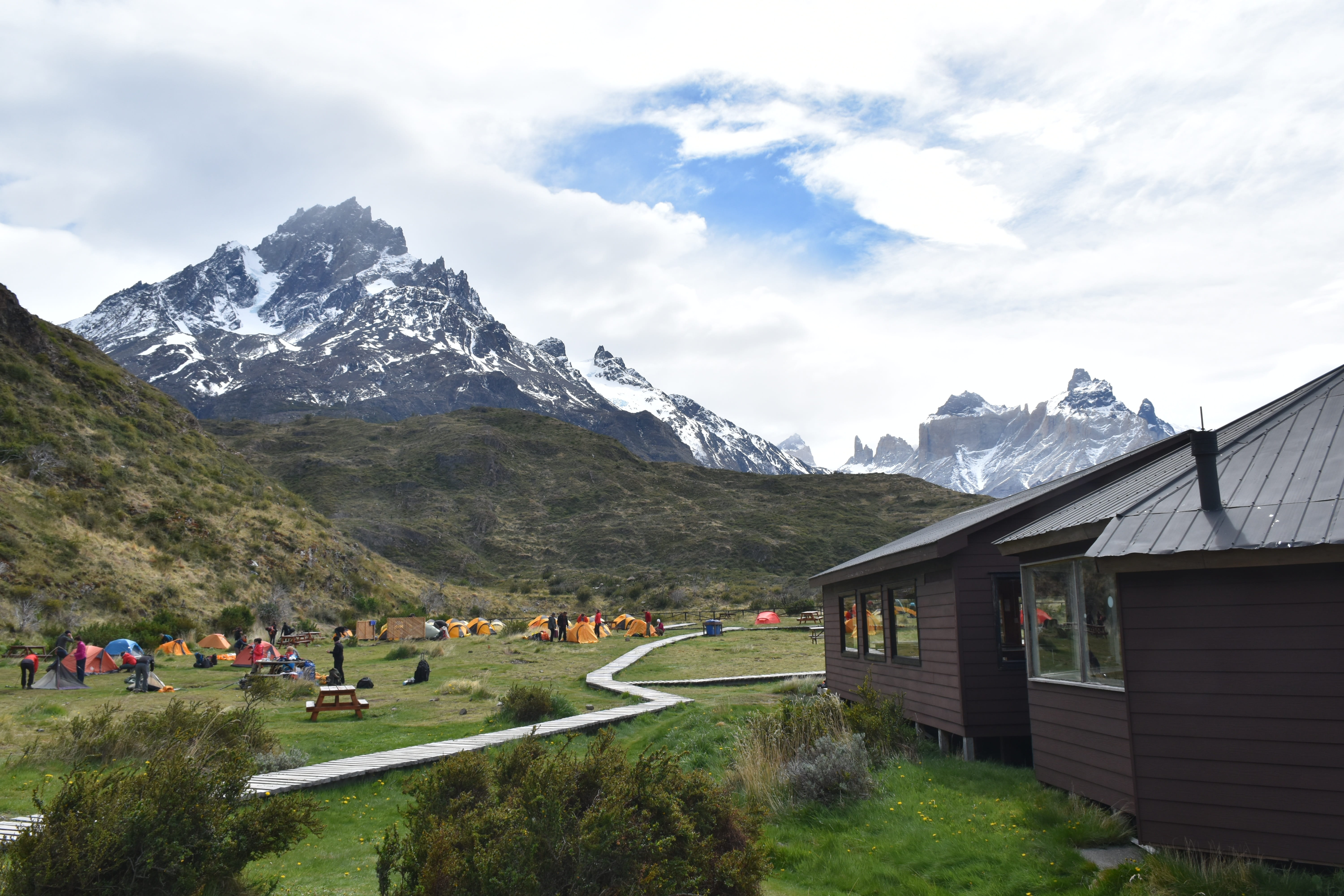 mountain range, mountain peak, hiking, torres del paine, group of people, plant, mountains, chile, lake, 5K, beauty in nature, day, refugio, nature, landscape, HD Wallpaper