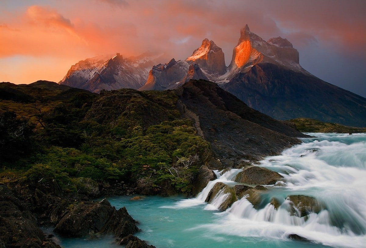 lake, beauty in nature, clouds, environment, sunrise, Snowy Peak, tranquil scene, forest, Green, water, land, Torres Del Paine, sky, waterfall, rock, Turquoise, HD Wallpaper
