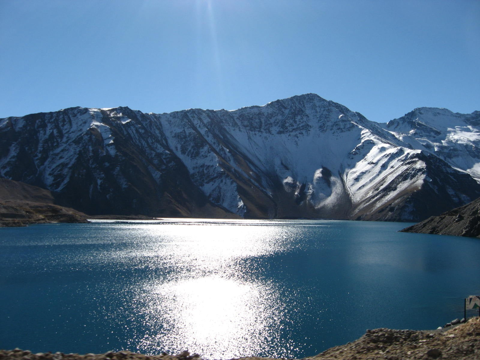 clear sky, lake, Embalse El Yeso, winter, sky, snow, Chile, outdoors, mountain, day, formation, tranquility, no people, covered, water, scenics - nature, HD Wallpaper