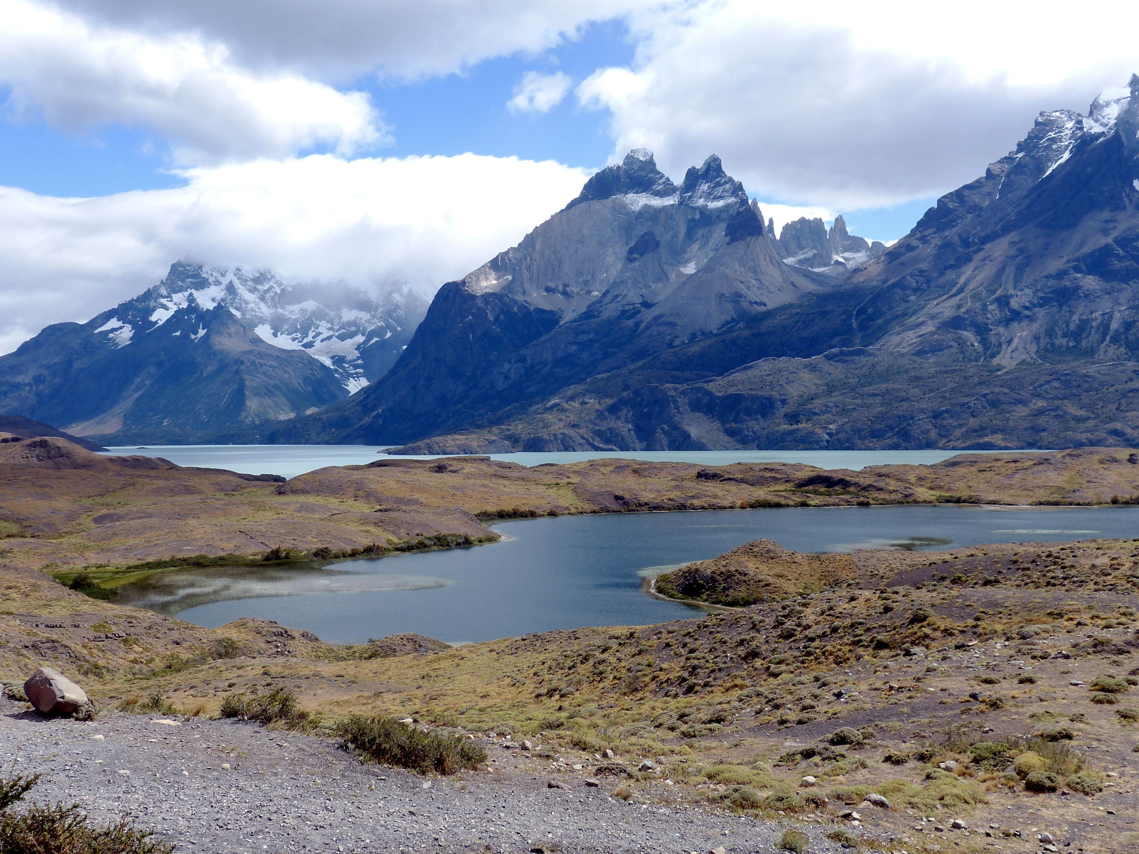 scenics - nature, sky, no people, torres del paine, mountain range, water, nature, scenery, 2K, environment, tranquil scene, mountain peak, tranquility, HD Wallpaper