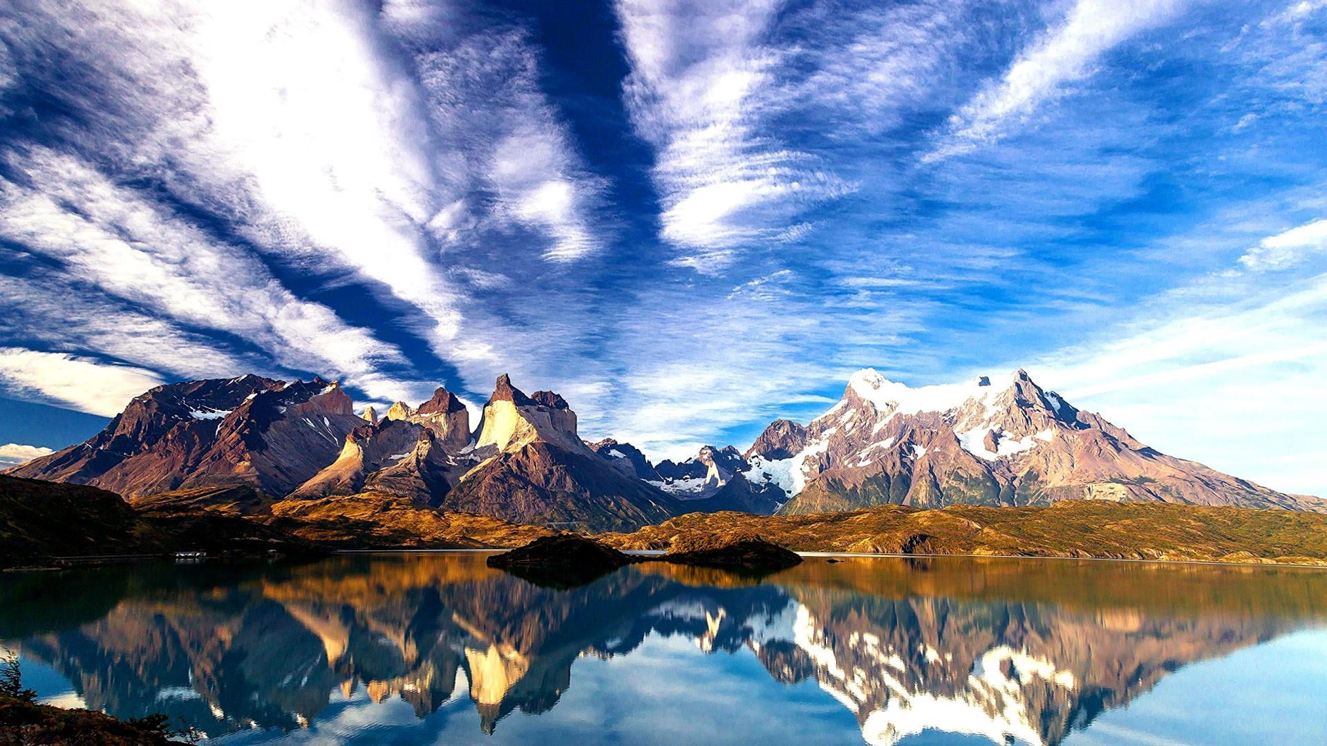 clouds, idyllic, non-urban scene, no people, beauty in nature, mountain peak, scenics - nature, peaks, snowcapped mountain, waterfront, environment, reflection, HD Wallpaper