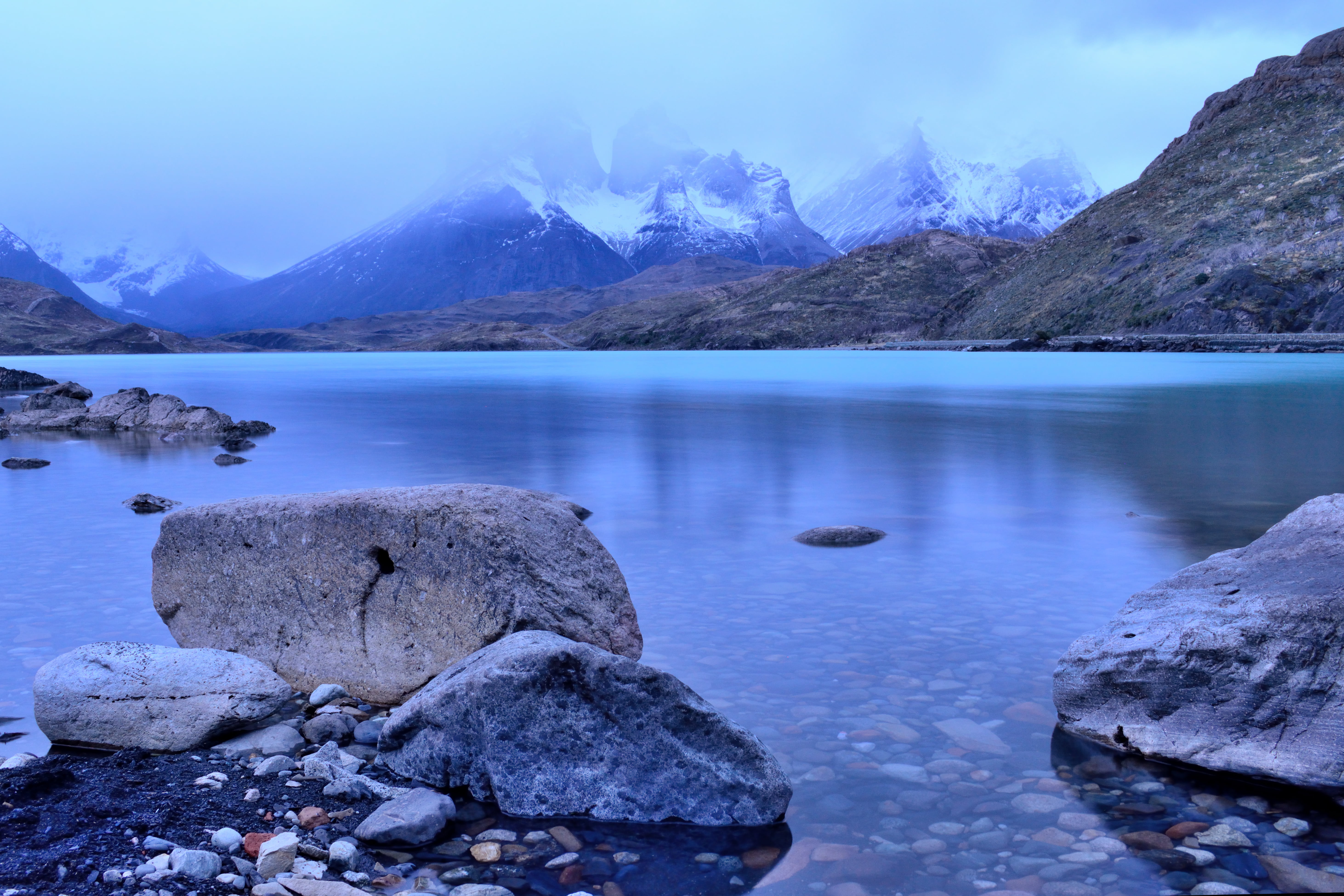 photo, Dusk, outdoors, Snow, mountain Range, mountain Peak, D5200, Torres del Paine, Lake  Pehoe, nature, Clouds, scenics, reflection, water, 5K, Mountain, HD Wallpaper