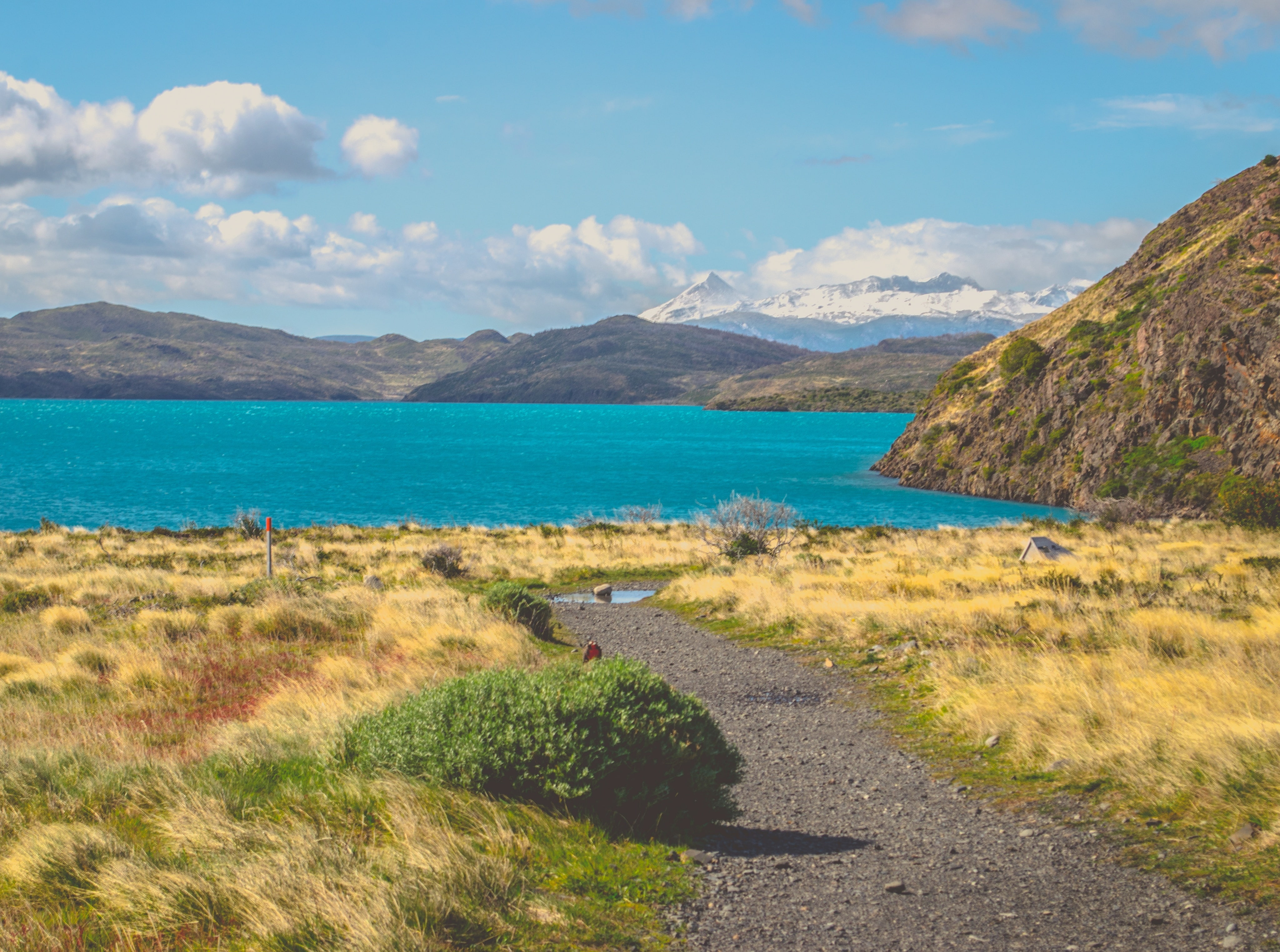 water, pehoe, road, plant, outdoors, mountain, day, 4K, cloud - sky, transportation, green, beauty in nature, mountain range, lake, tranquility, nature, HD Wallpaper