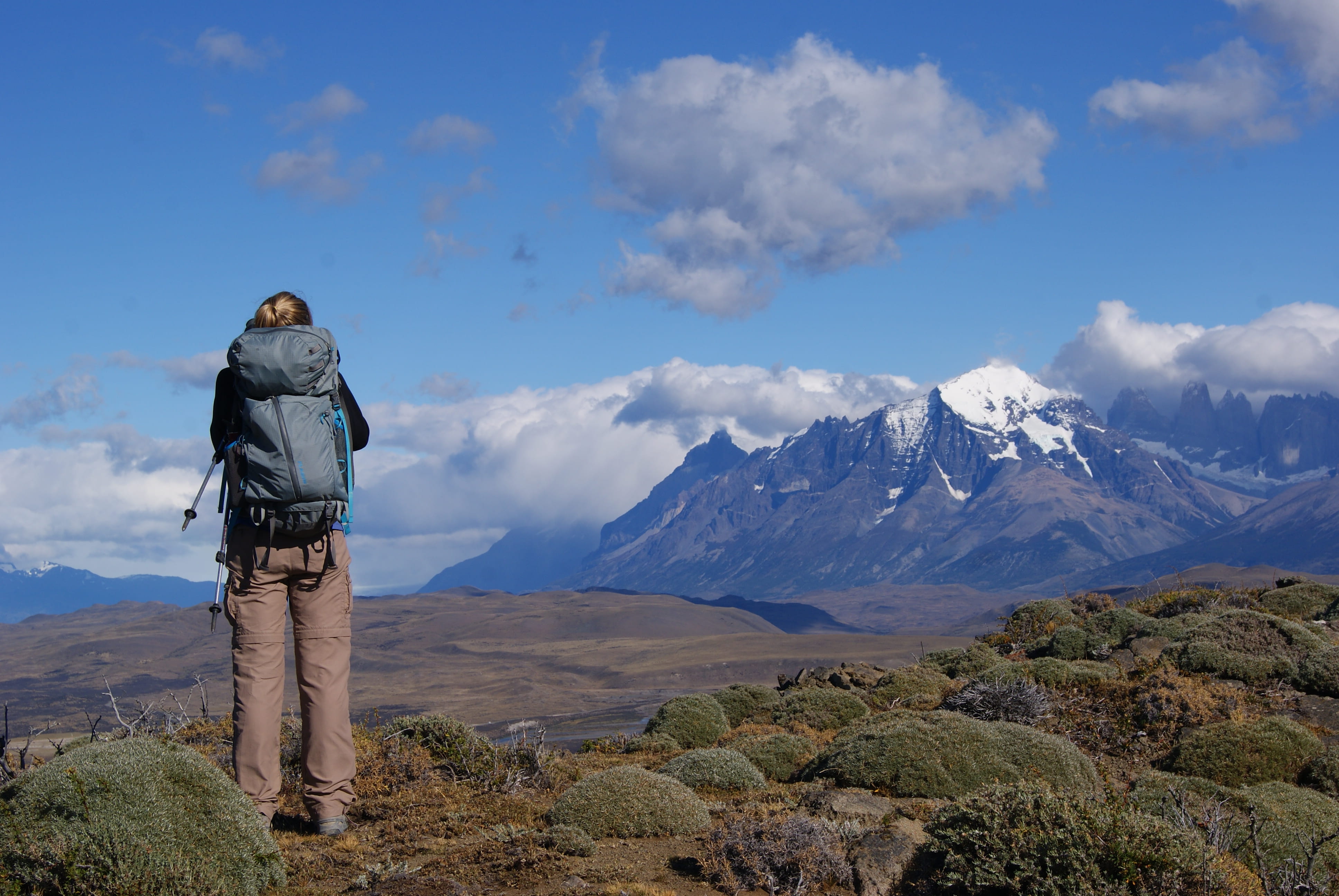 trekking, cloud - sky, tranquil scene, day, real people, into the wild, chile, sky, cordillera del paine, idyllic, lifestyles, tranquility, rear view, mountain range, HD Wallpaper