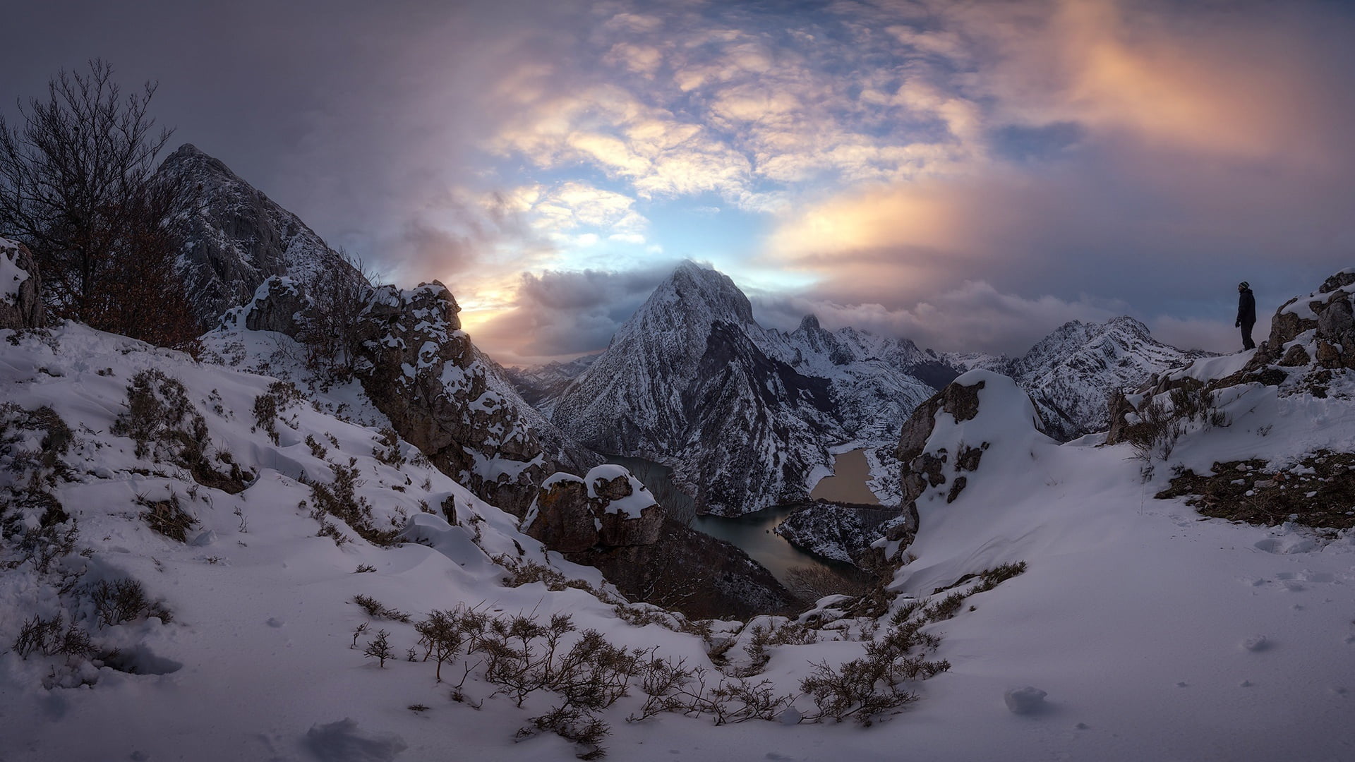 freezing, scenics - nature, riano, sky, snowcapped mountain, beauty in nature, sunlight, 1080P, winter, mountain range, cloud, cloud - sky, lake, snow, HD Wallpaper
