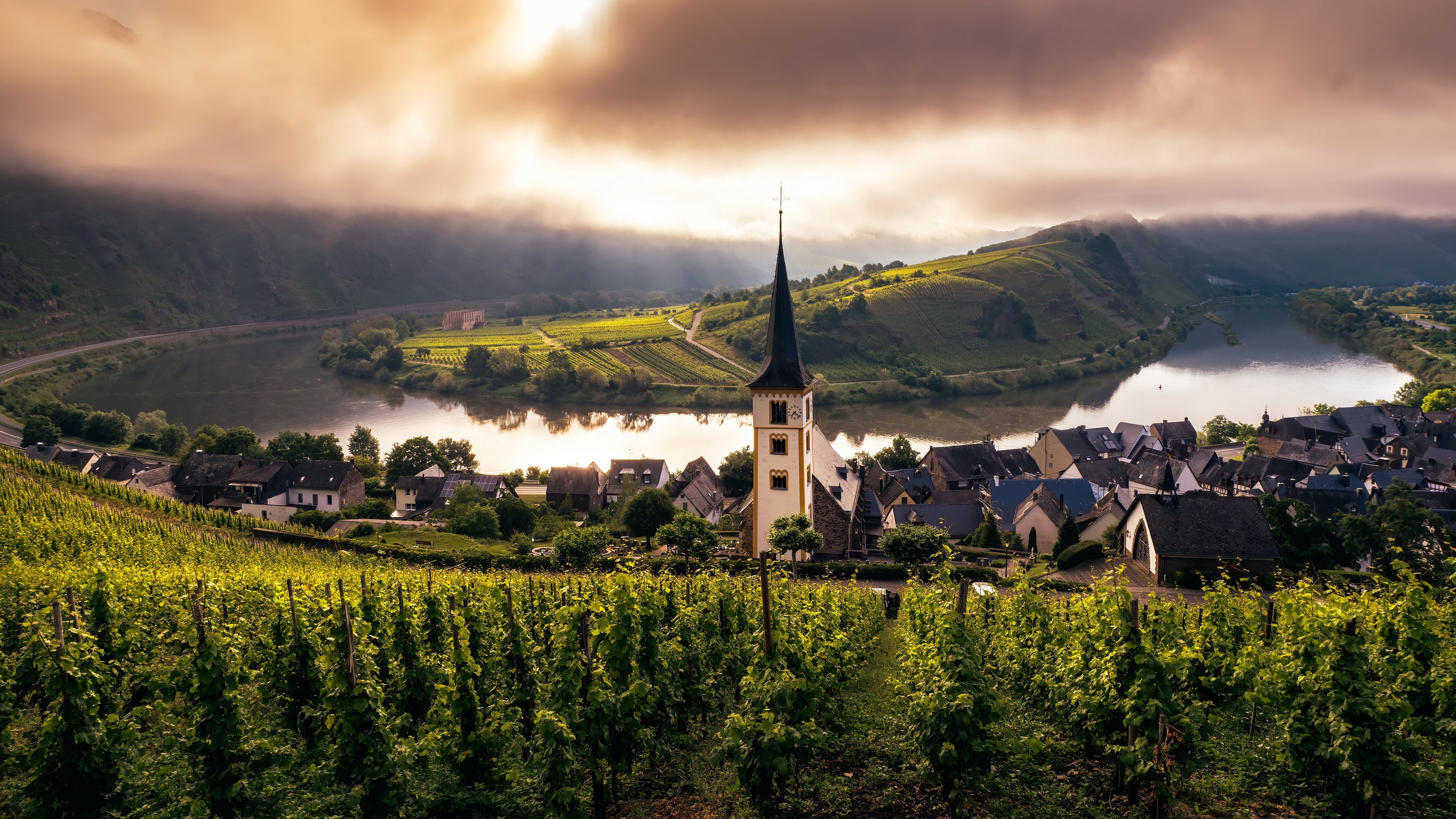 mosel, Misty Morning, 4K, vineyard, church, trier, HD Wallpaper
