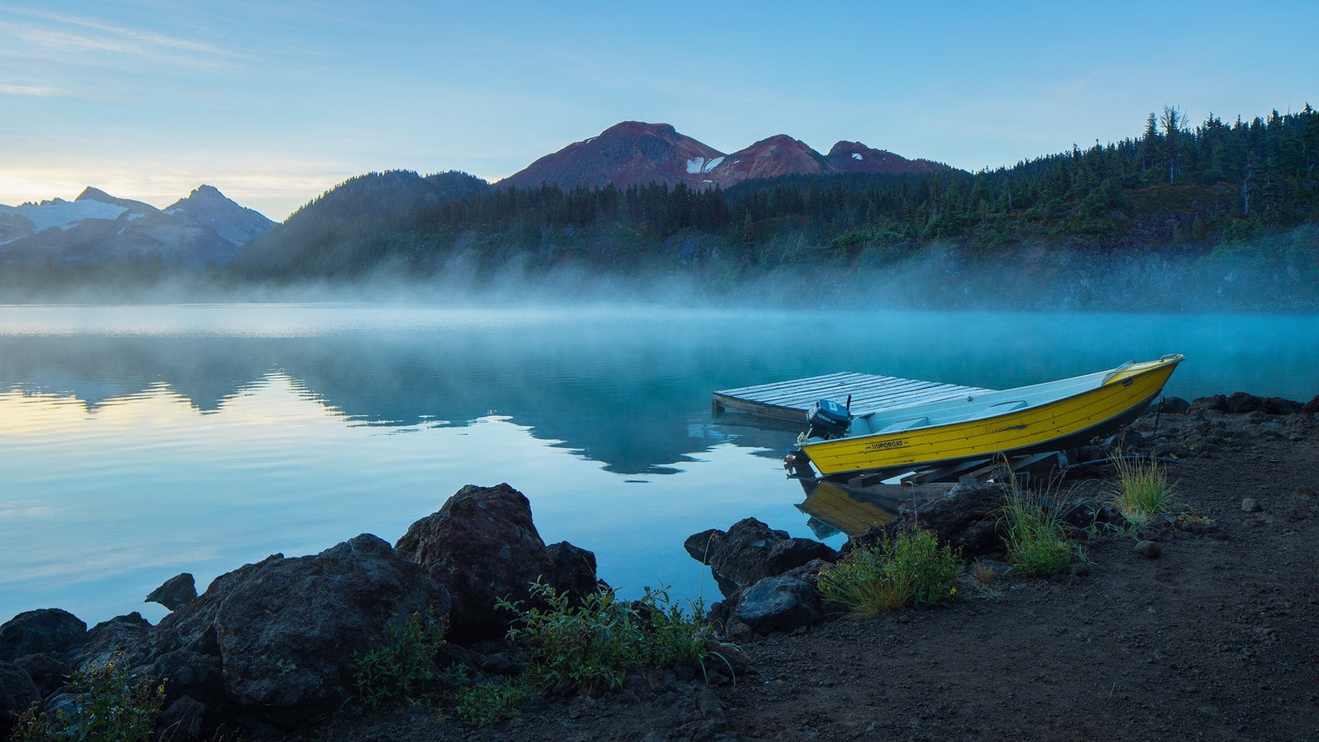 misty, morning, mountain, mist, boat, landscape, lake, 1080P, HD Wallpaper