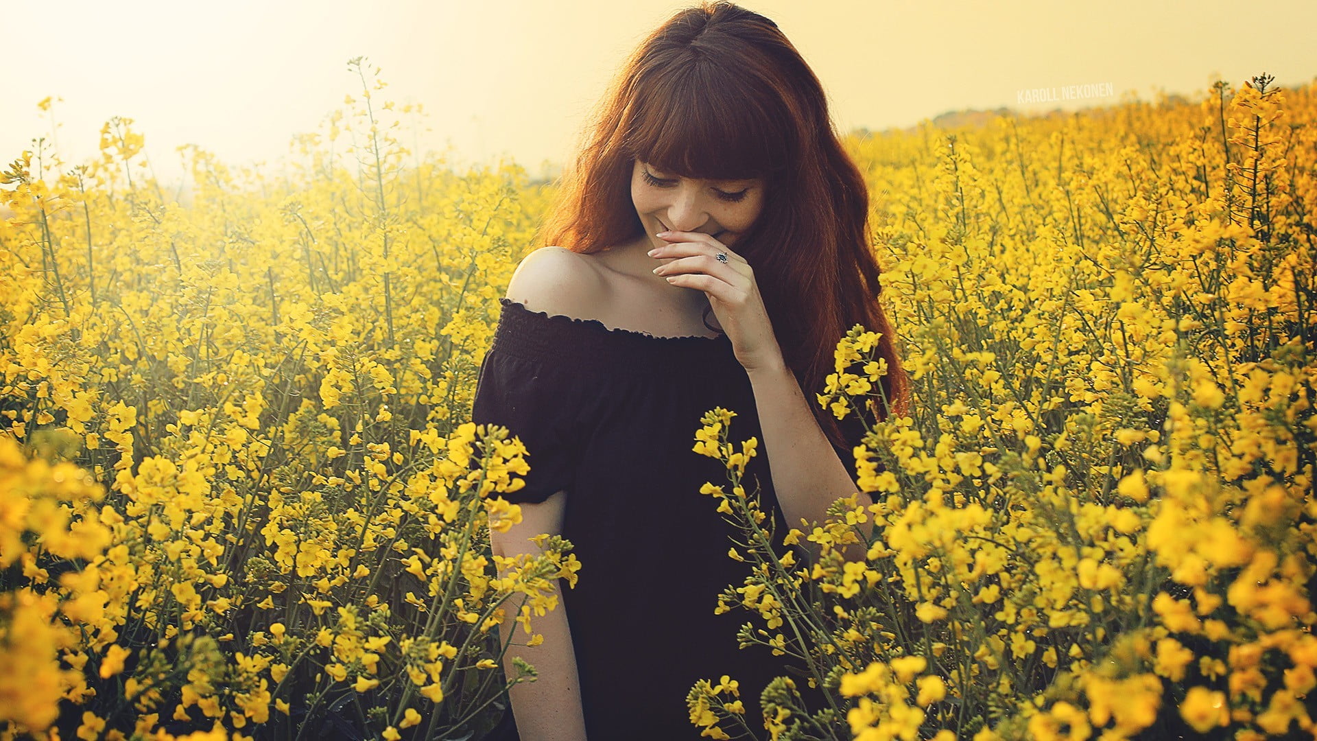 black dress, growth, flowers, Rapeseed, one person, beauty in nature, lifestyles, outdoors, flowering plant, 1080P, flower, women outdoors, long hair, HD Wallpaper