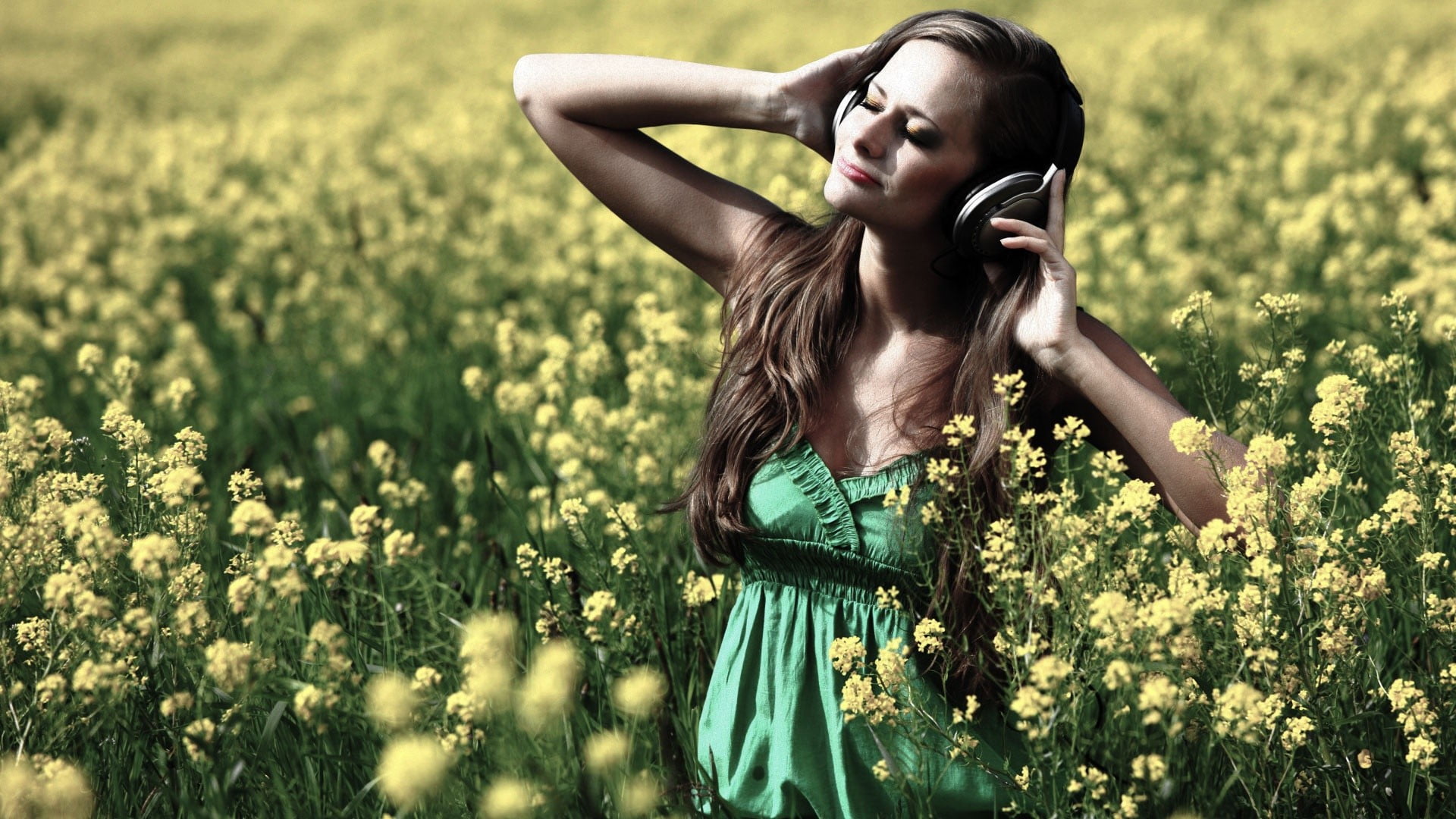 field, music, young adult, women, one person, beauty, plant, green dress, fashion, lifestyles, hair, nature, adult, Rapeseed, yellow, flowering plant, young women, HD Wallpaper