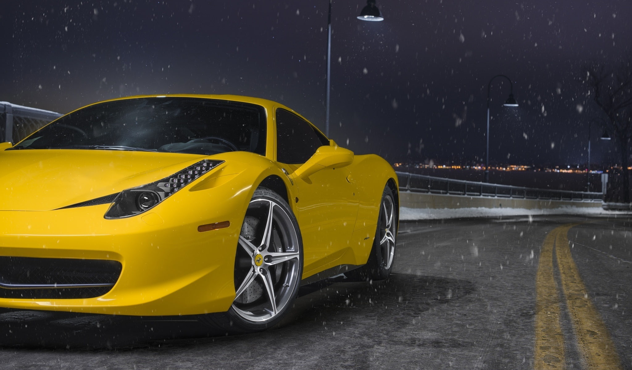 Nigth, 458, Yellow, Ligth, Ferrari, Wheels, Italia, Road, Snow, Front, 1080P, Supercar, HD Wallpaper