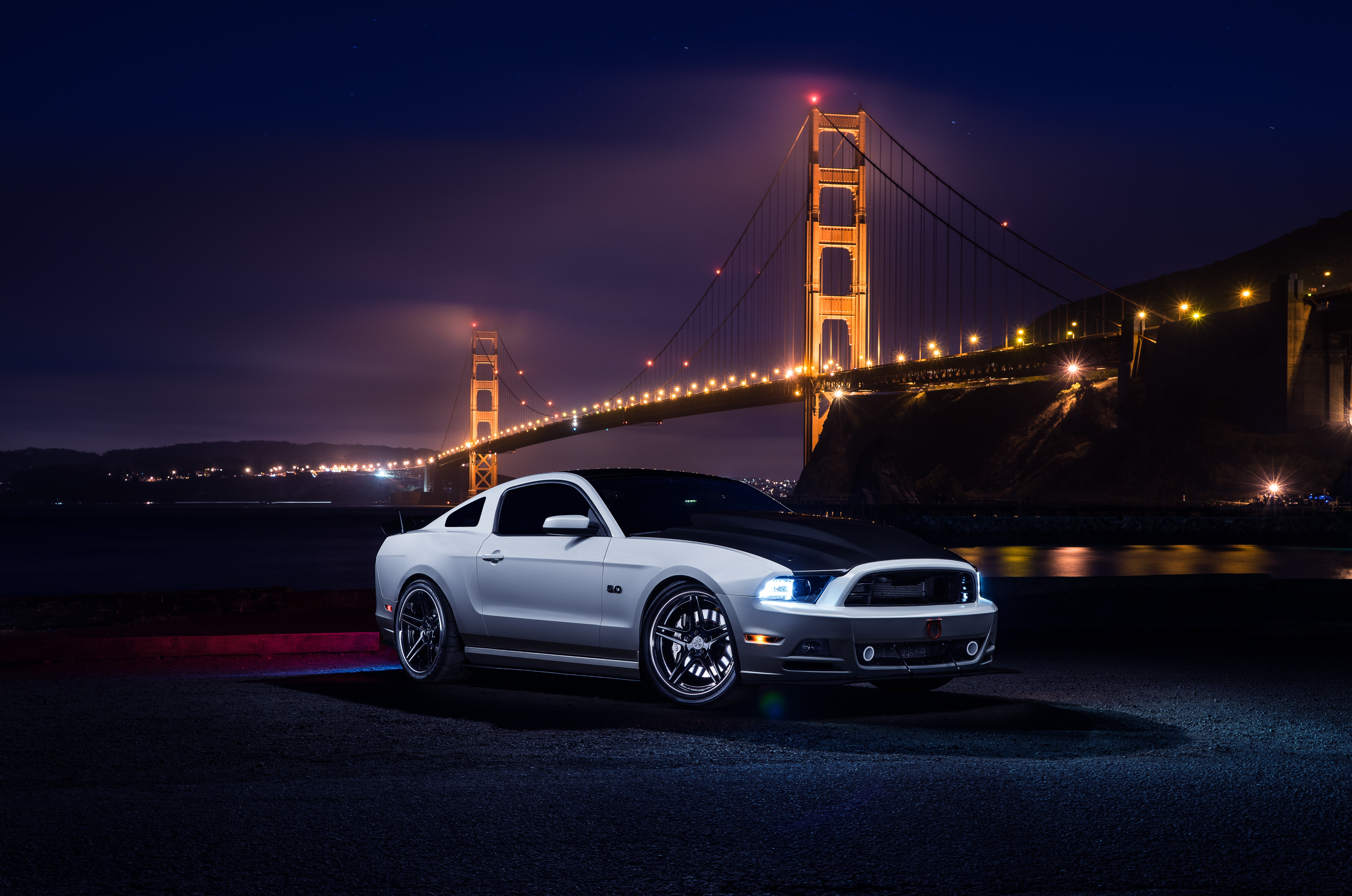 River, 5K, Ford, Car, Nigth, Aristo, Top, Mustang, Muscle, Collection, White, Bridge, Front, HD Wallpaper