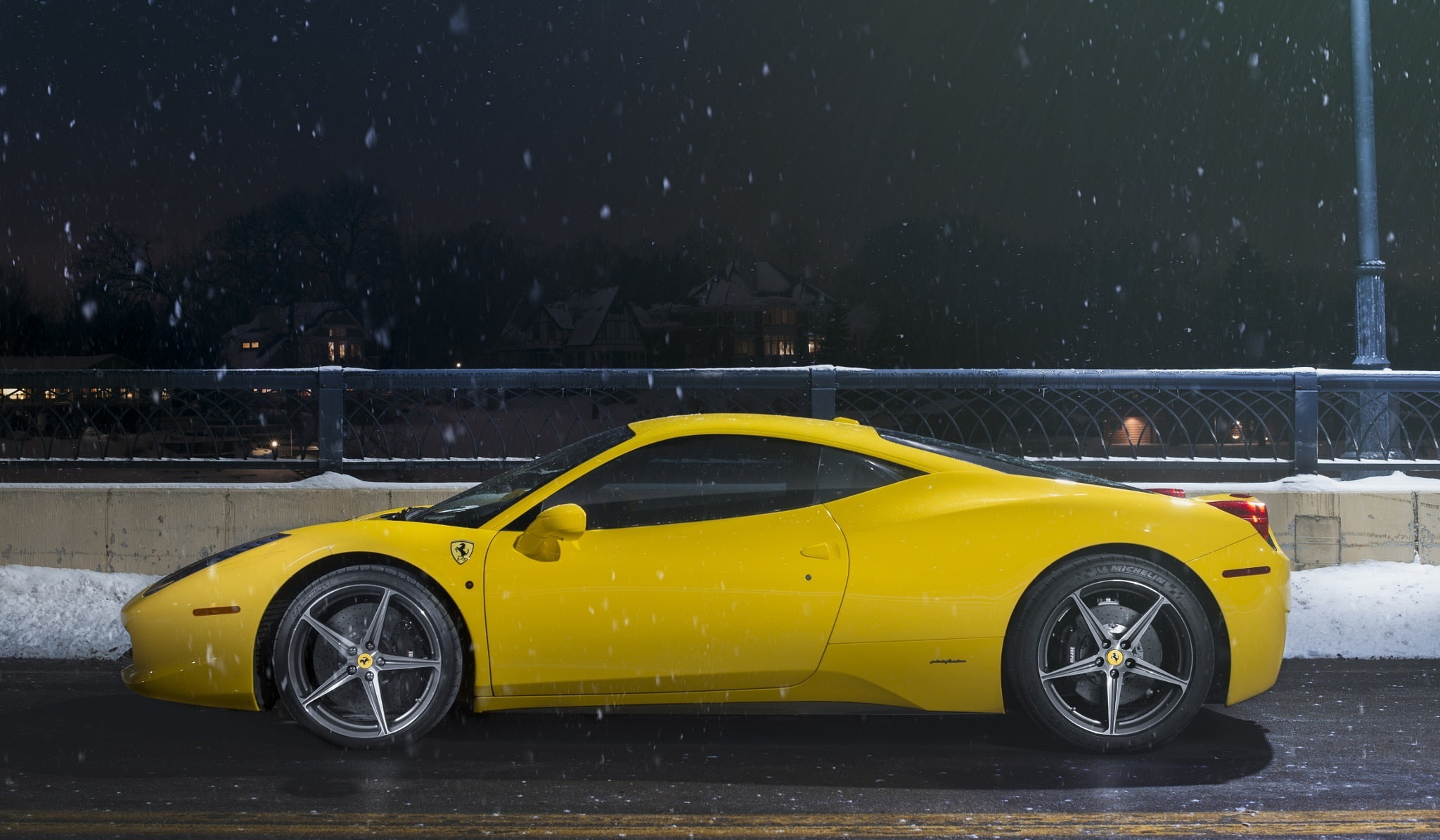 458, Supercar, Nigth, Side, Ferrari, 1080P, Road, Yellow, Ligth, Snow, Italia, HD Wallpaper