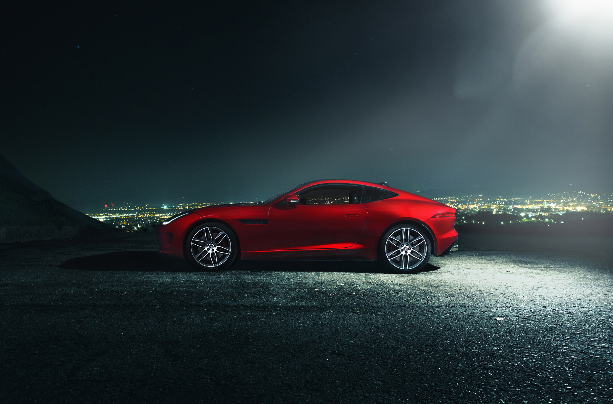 F-Type R, Car, Dark, Jaguar, City, Red, Side, 1080P, Nigth, Coupe, HD Wallpaper