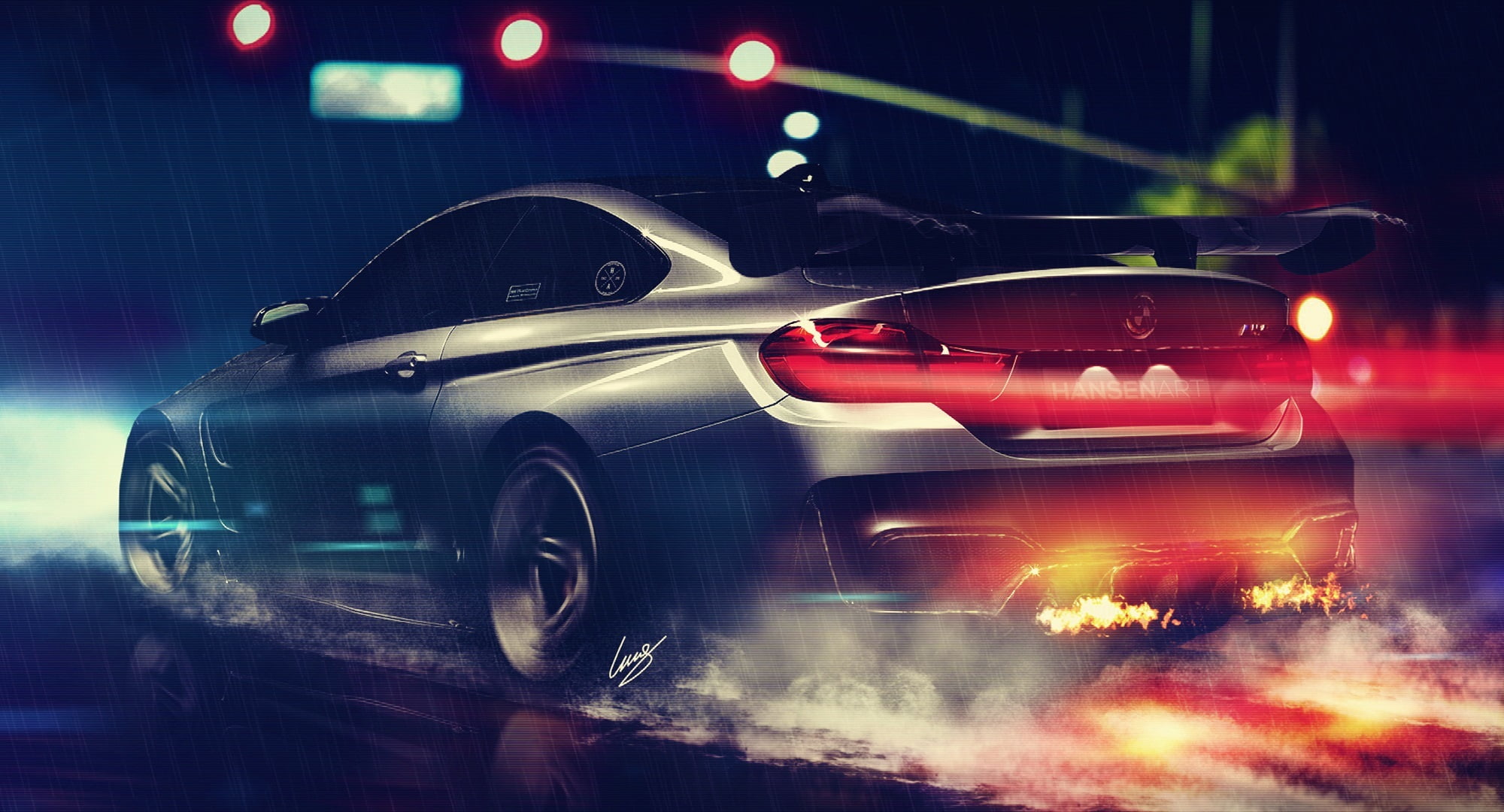 city, car, GTRS4, Vorsteiner, architecture, Wheels, BMW, illuminated, Nigth, Rear, red, street, night, warning sign, government, road, coupe, ART, sign, HD Wallpaper