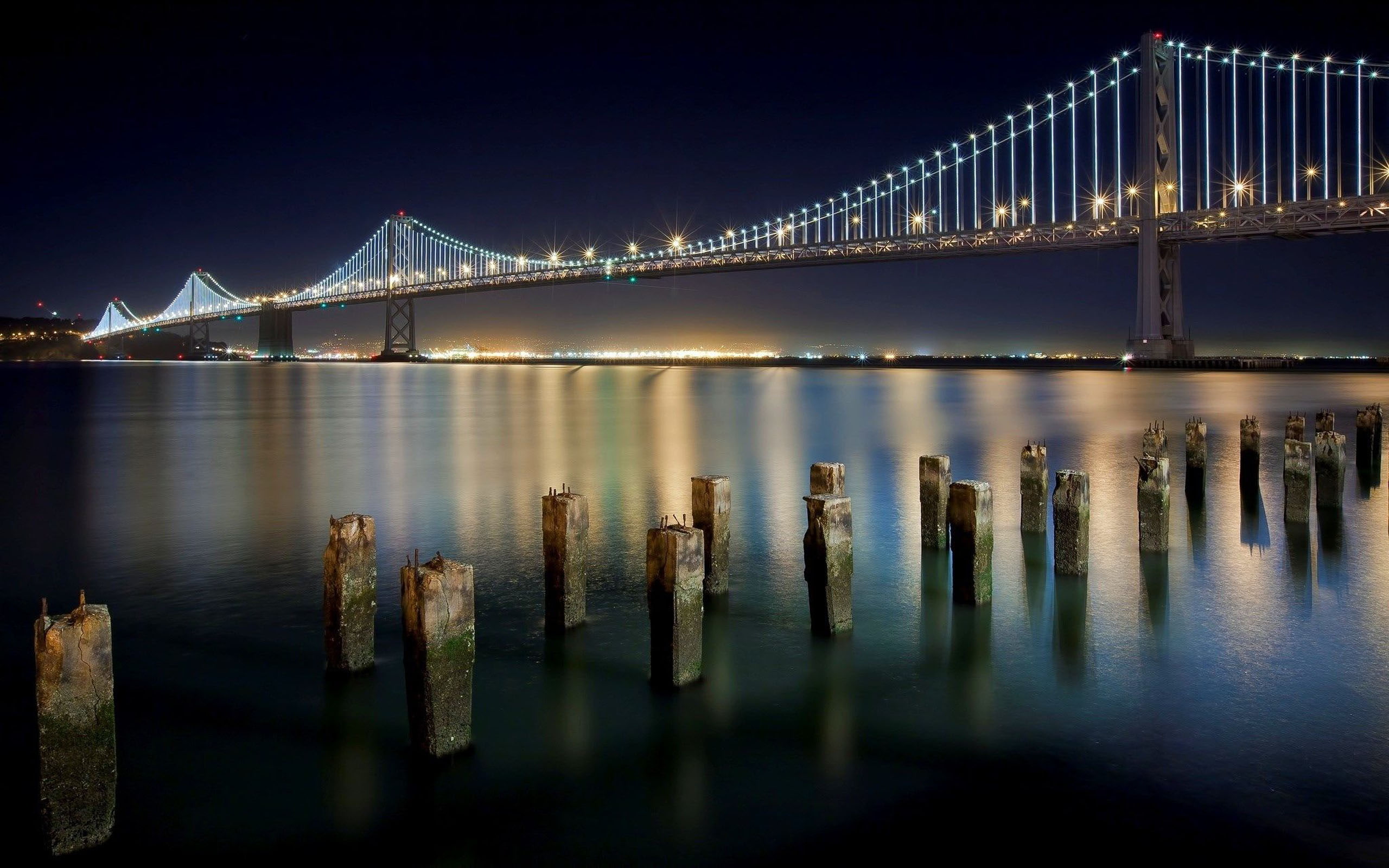  lights, oakland, san, bridge, bay, francisco, desktop, nigth, 2K, california, hd, HD Wallpaper