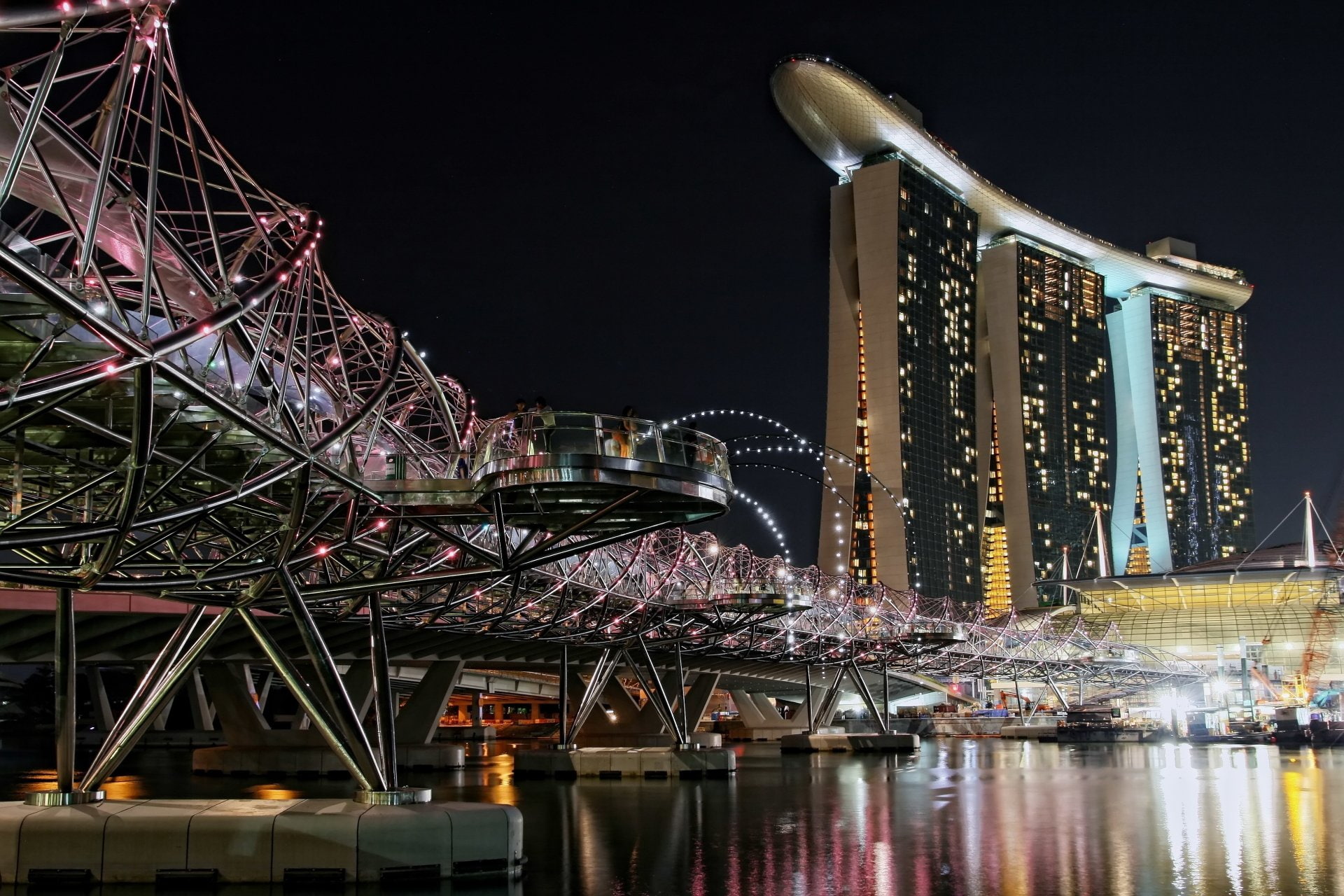 1080P, Adventure, Nigths, Ligths, Reflection, Building, Water, Bridges, Marinabay Bride, Marina, Singapore, Architecture, Bridge, HD Wallpaper