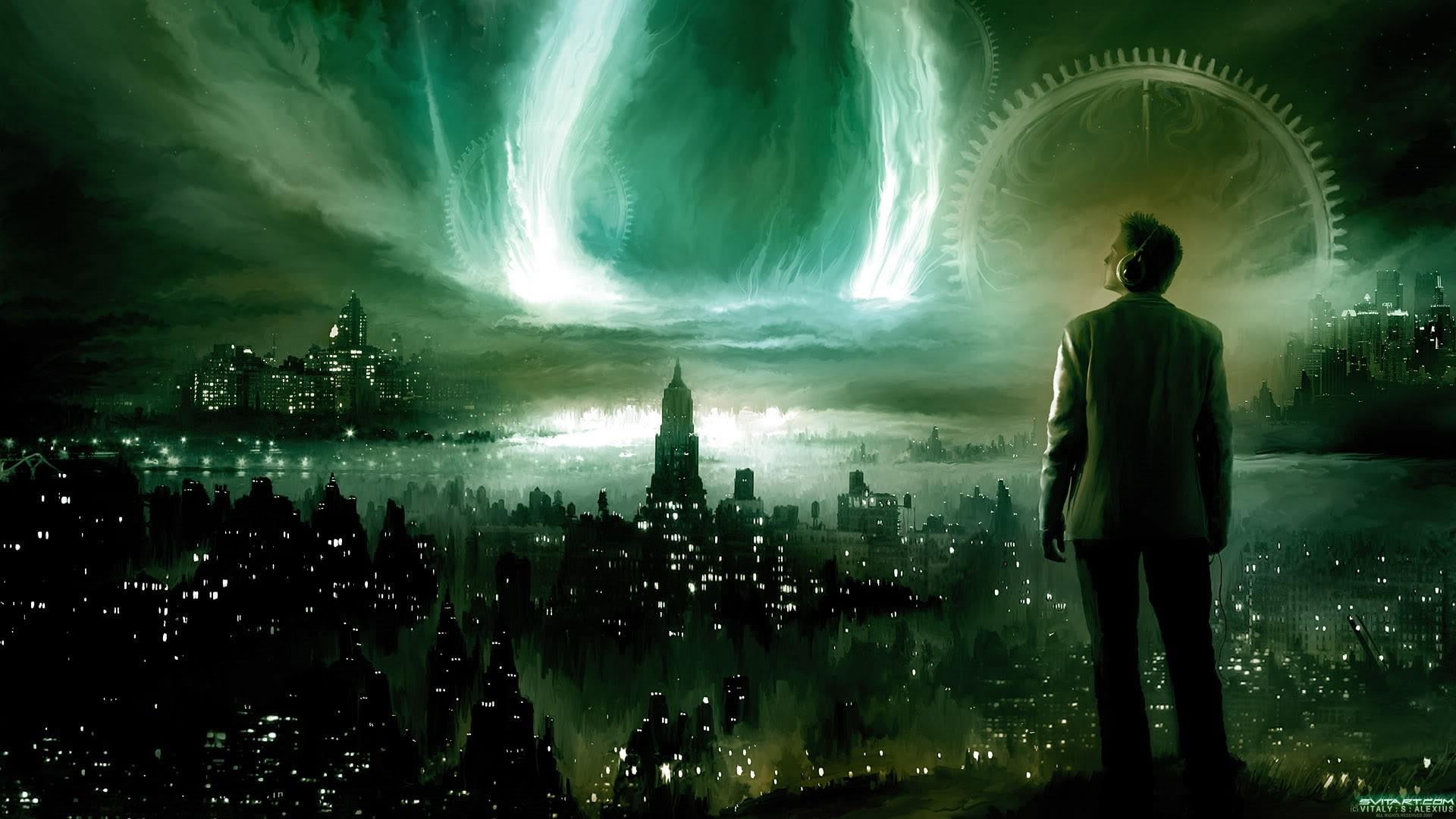 fantasy, alone, water, out of matrix, lifestyles, one person, men, looking at view, building, building exterior, time, citie, aurora, 1080P, observation, HD Wallpaper
