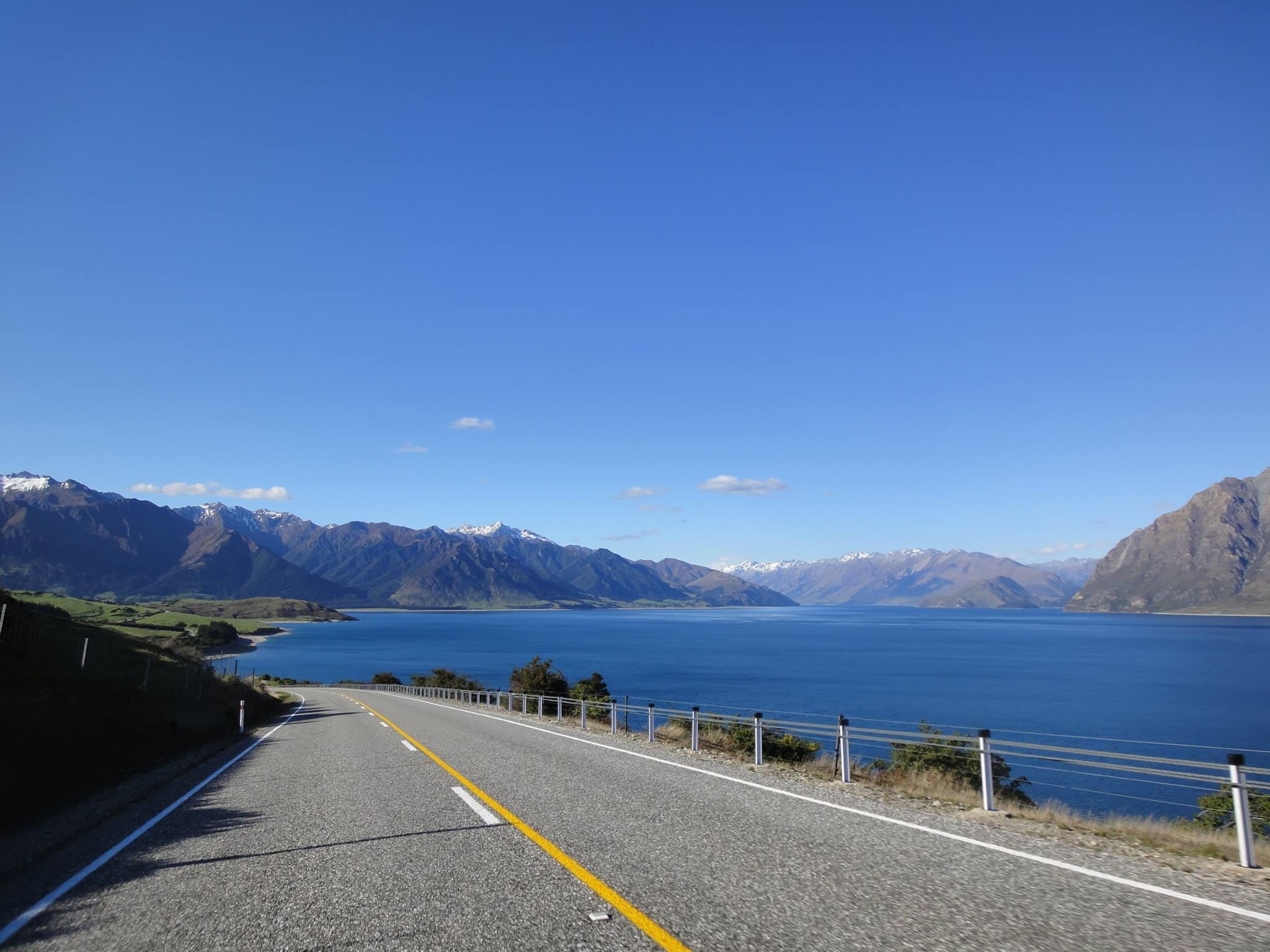 day, mountain, blue, alone, spring, symbol, tourism, beauty in nature, tranquil scene, 1080P, diminishing perspective, outlook, asphalt, lake, nature, HD Wallpaper