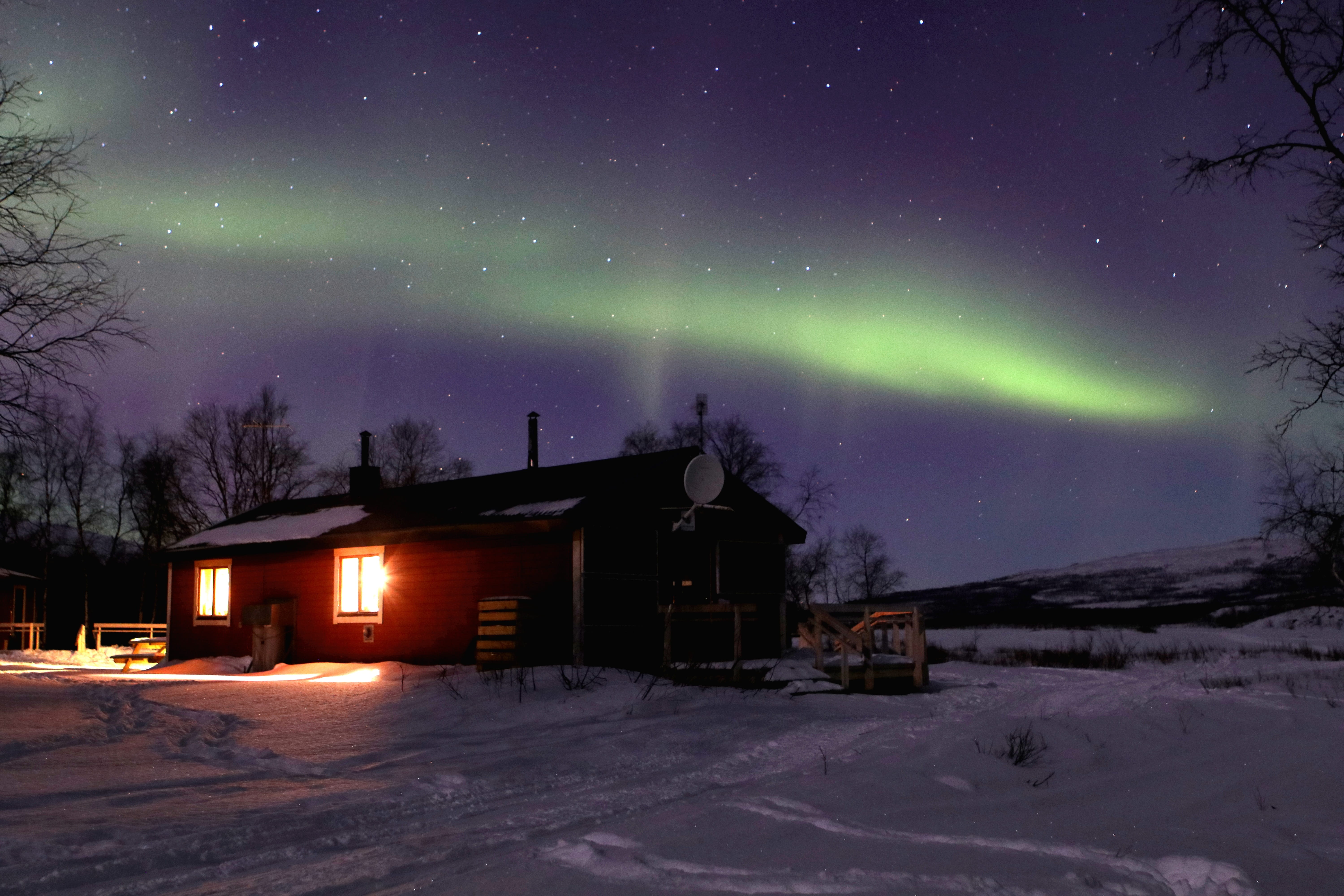 nature, light, star - space, winter, architecture, evening, night, scenics - nature, snow, illuminated, 5K, natural phenomenon, sweden, built structure, HD Wallpaper