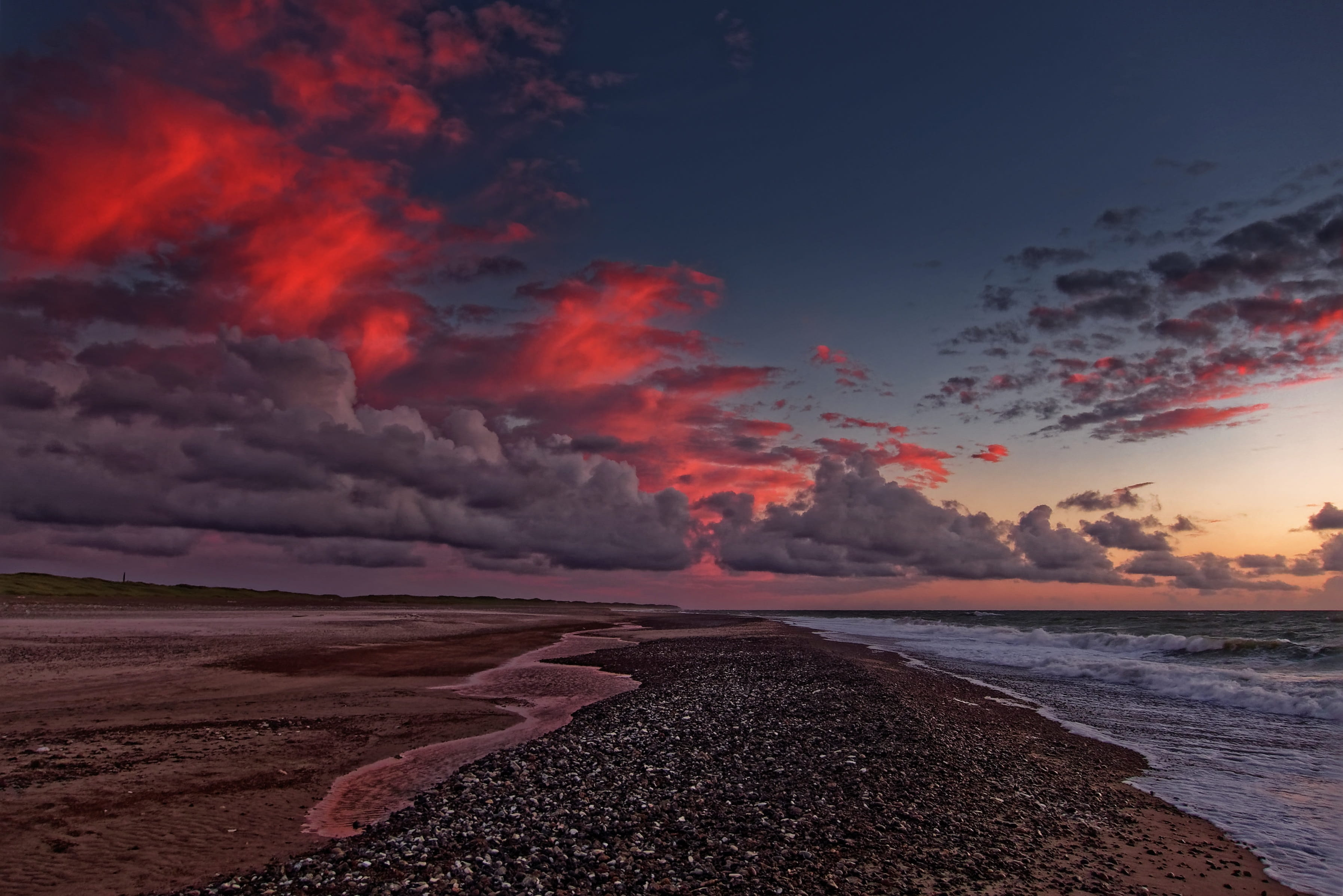 clouds, outdoors, denmark, cumulus, afterglow, power in nature, beach, horizon over water, tranquil scene, natural spectacle, tranquility, non-urban scene, HD Wallpaper