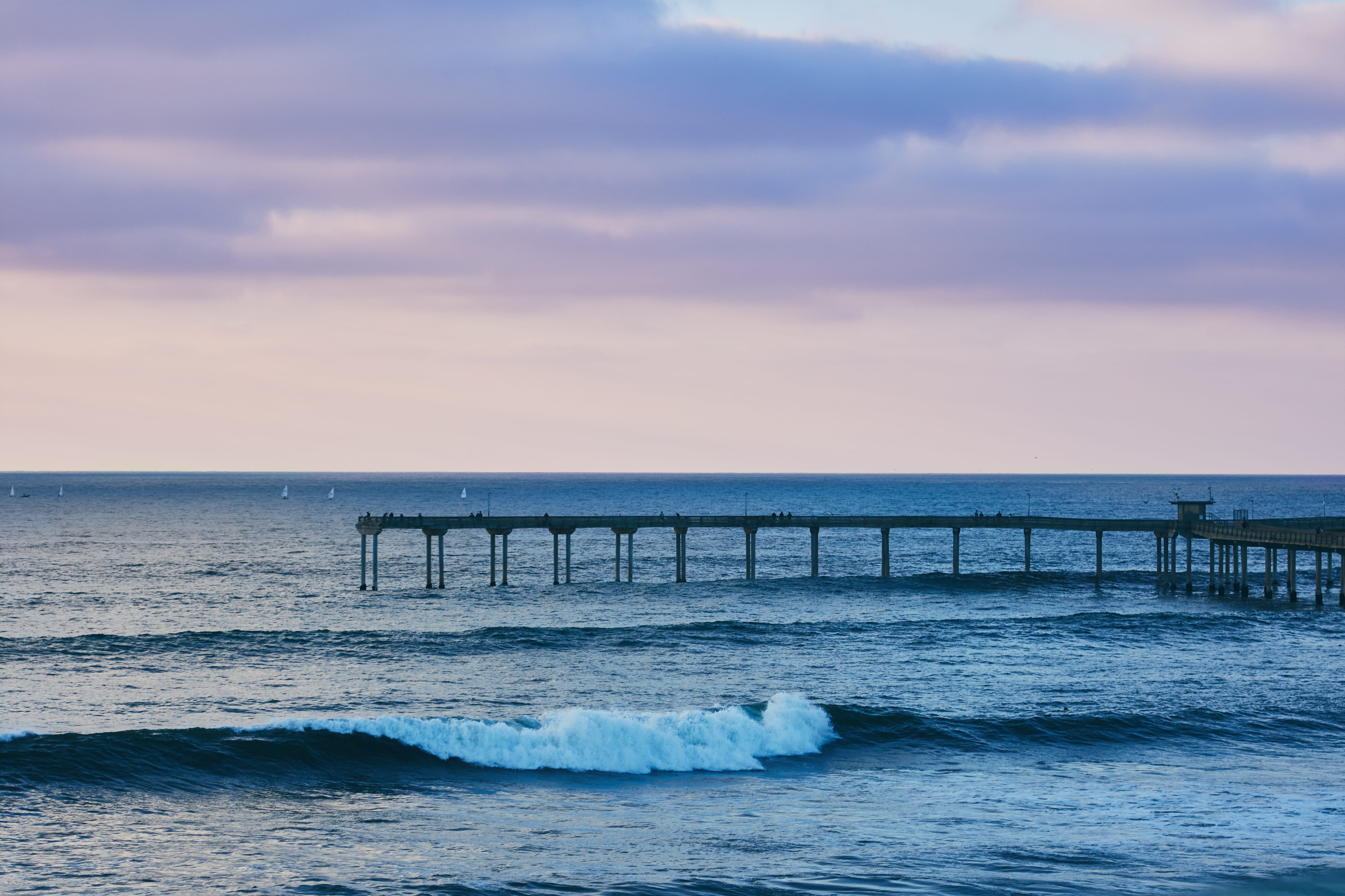 cotton candy sky, idyllic, ocean, tranquil scene, motion, purple, sea, wave, boats, summer, tranquility, california, pink, landscape, pier, sunset, san diego, HD Wallpaper