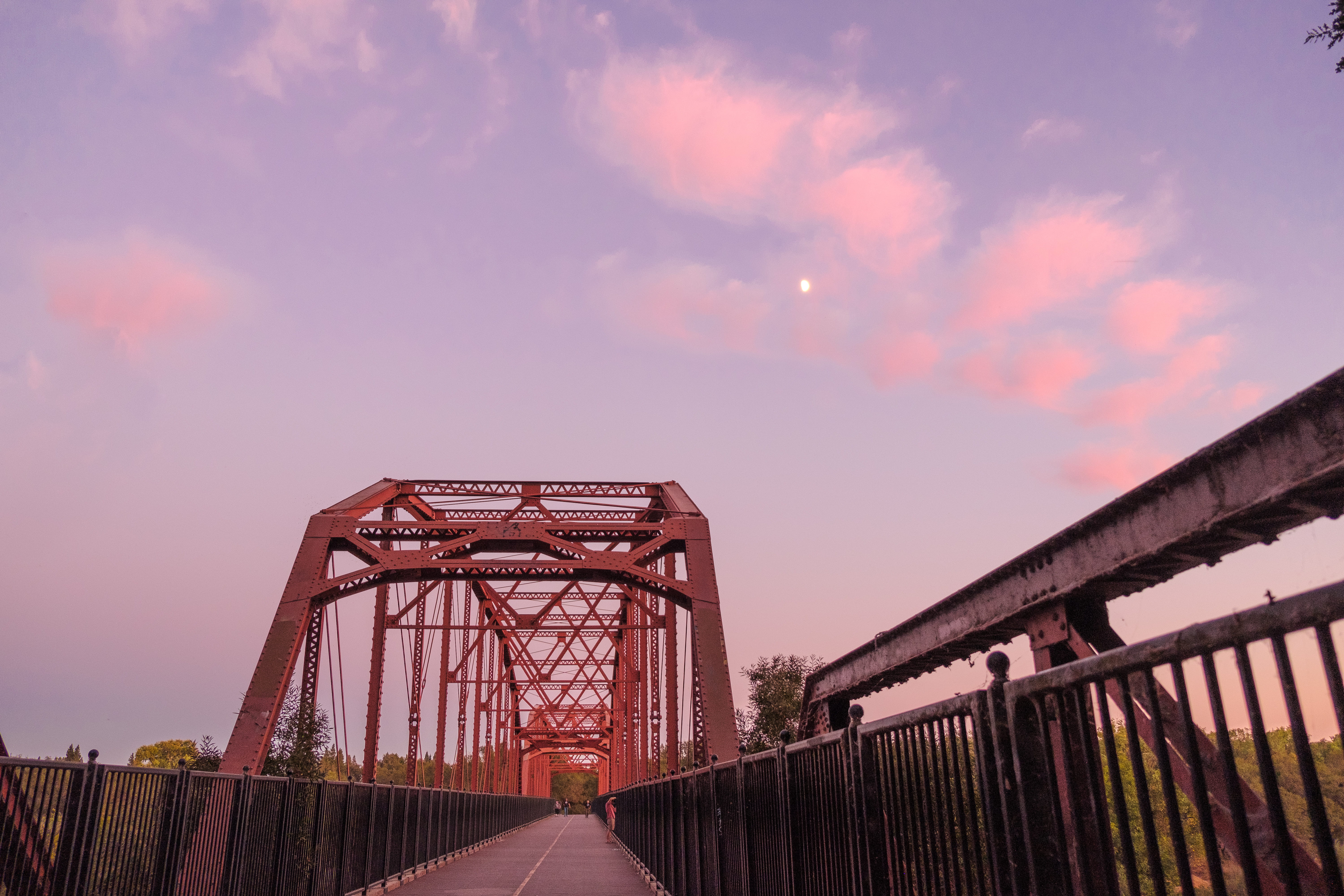 path, bridge, metal, direction, engineering, fair oaks, fence, sky, sunset, transportation, 5K, low angle view, nature, dusk, bridge - man made structure, HD Wallpaper