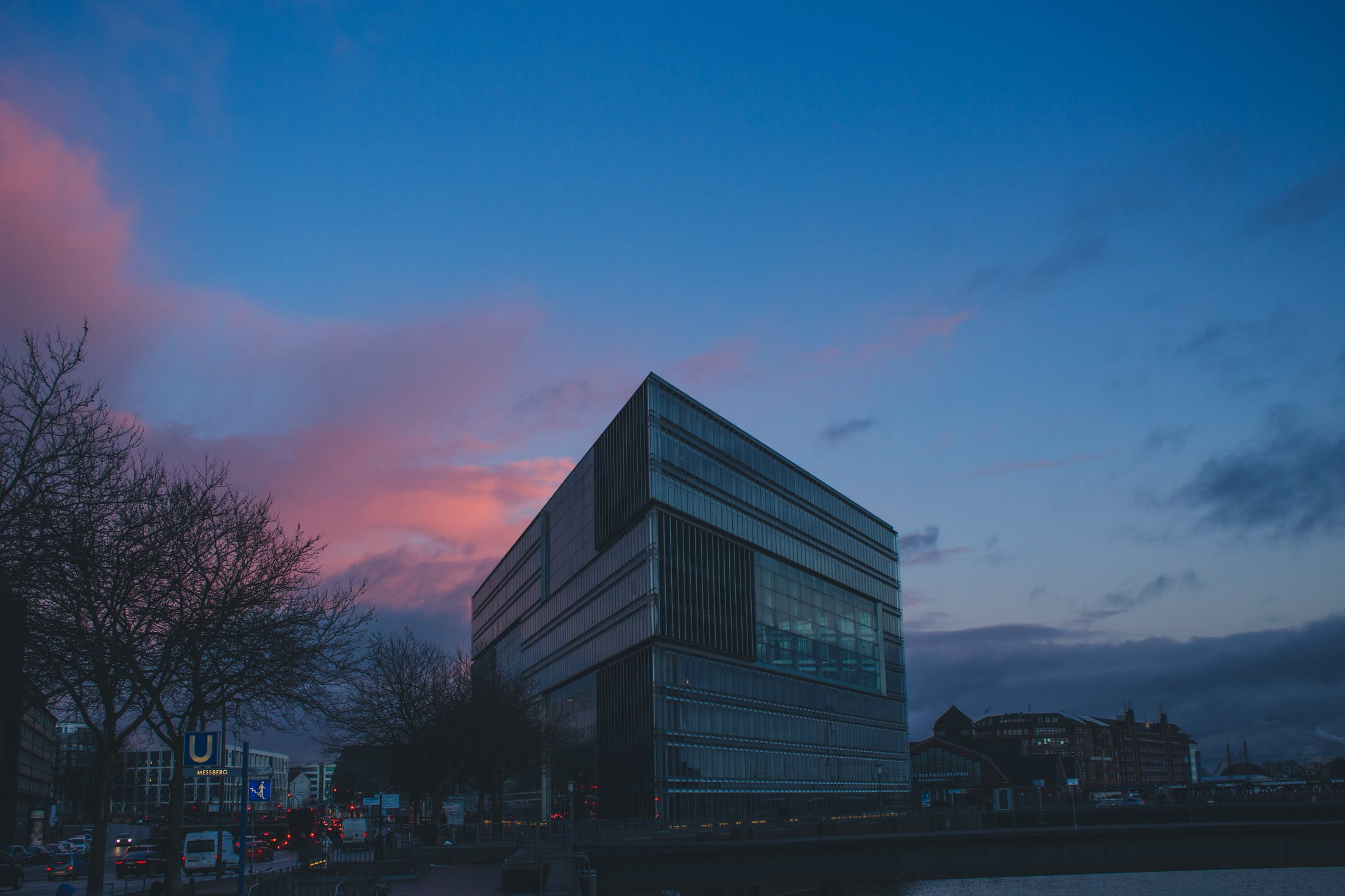 plant, office, city, hamburg, street, blue, cotton candy, moody, motor vehicle, sky, tree, 1080P, architecture, modern, trend, nature, pink sky, dusk, HD Wallpaper
