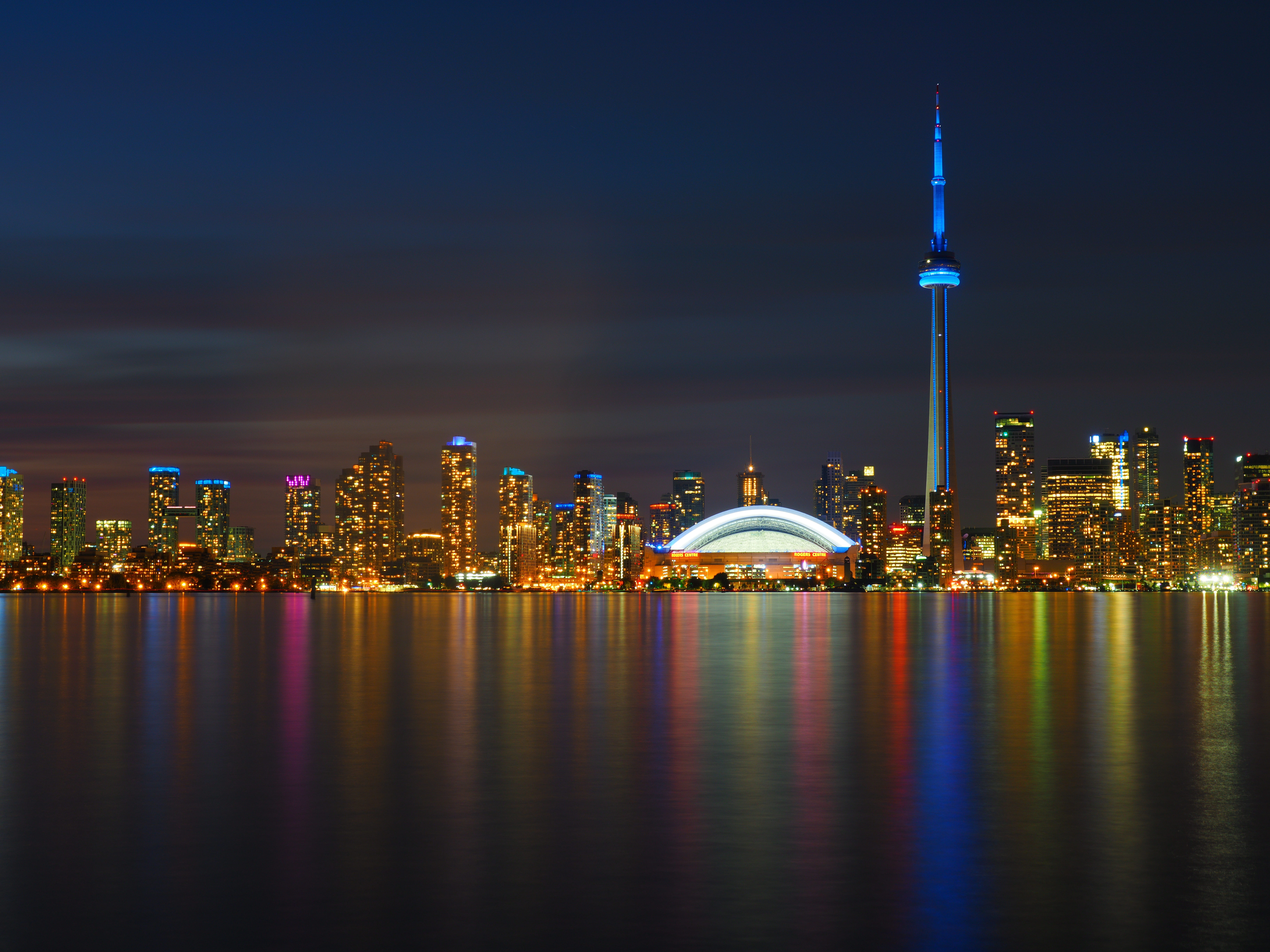 reflection, nightlife, tall - high, travel destinations, skyscraper, financial district, 5K, sky, toronto, city, water, town center, no people, office building exterior, HD Wallpaper