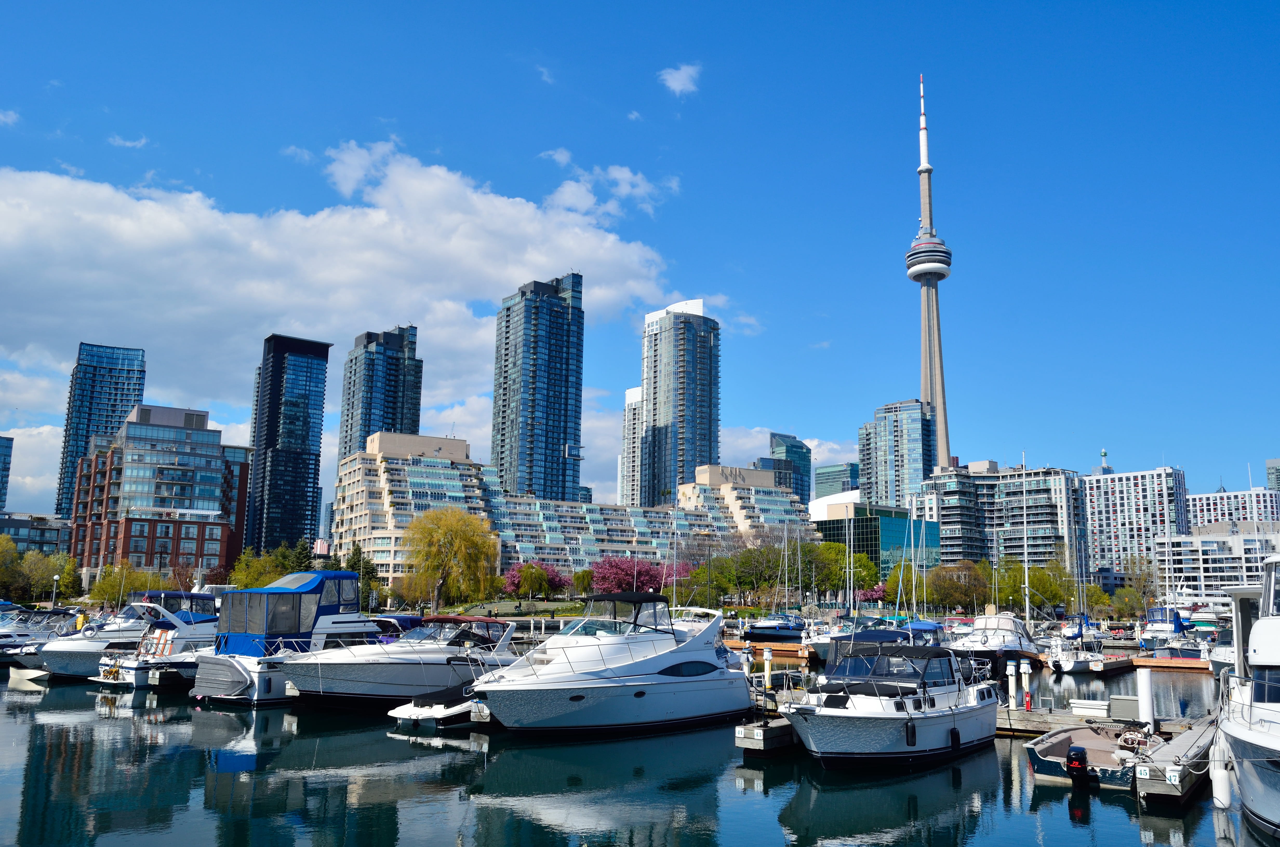 spring, bay, harbor, building exterior, outside, ships, toronto, mode of transportation, no people, sailboat, 4K, urban skyline, tower, urban, moored, HD Wallpaper