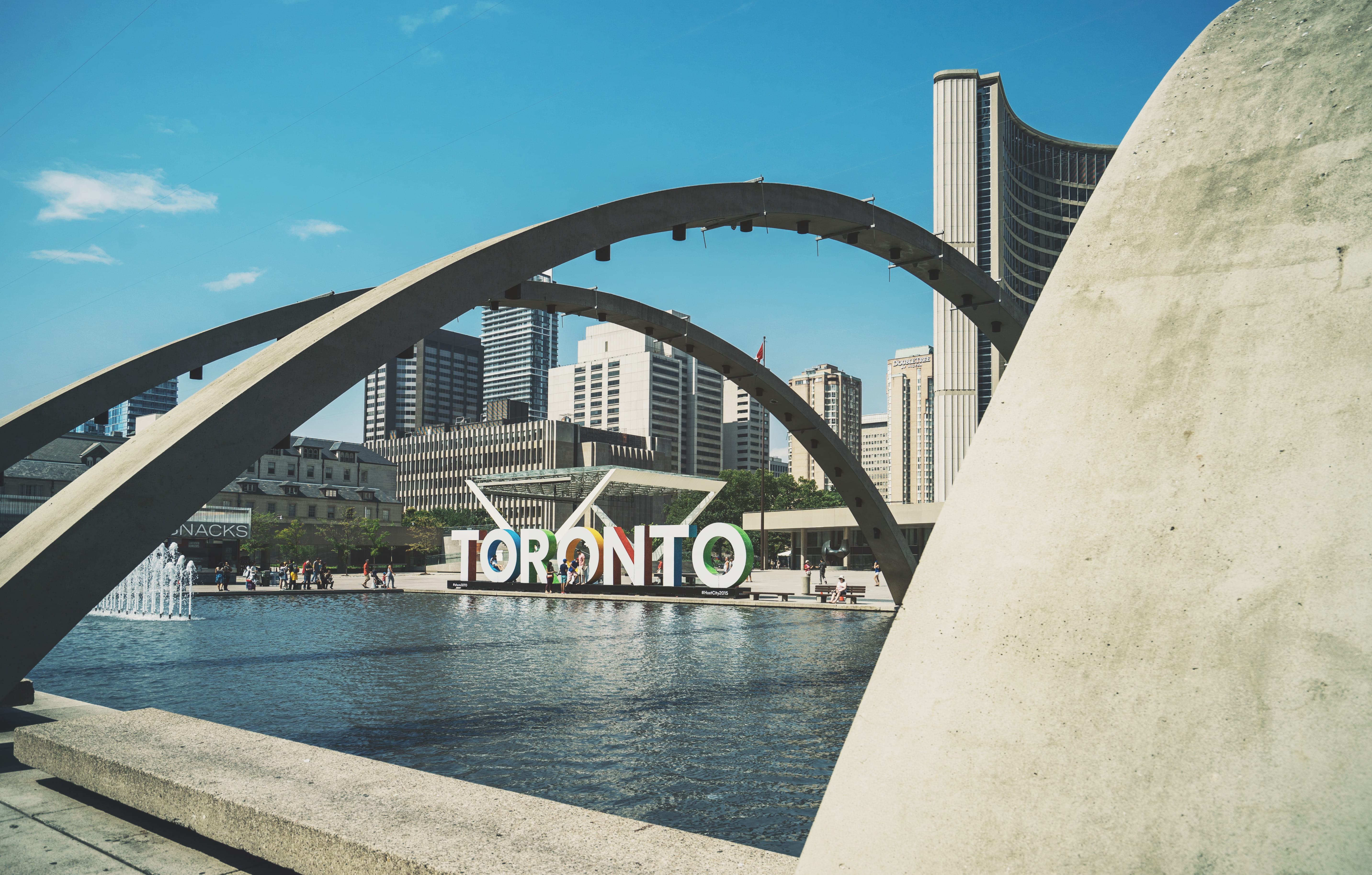 steel and concrete structure, skyscraper, tall, building exterior, 5K, arch, built structure, arch bridge, office building exterior, futuristic, pond, HD Wallpaper