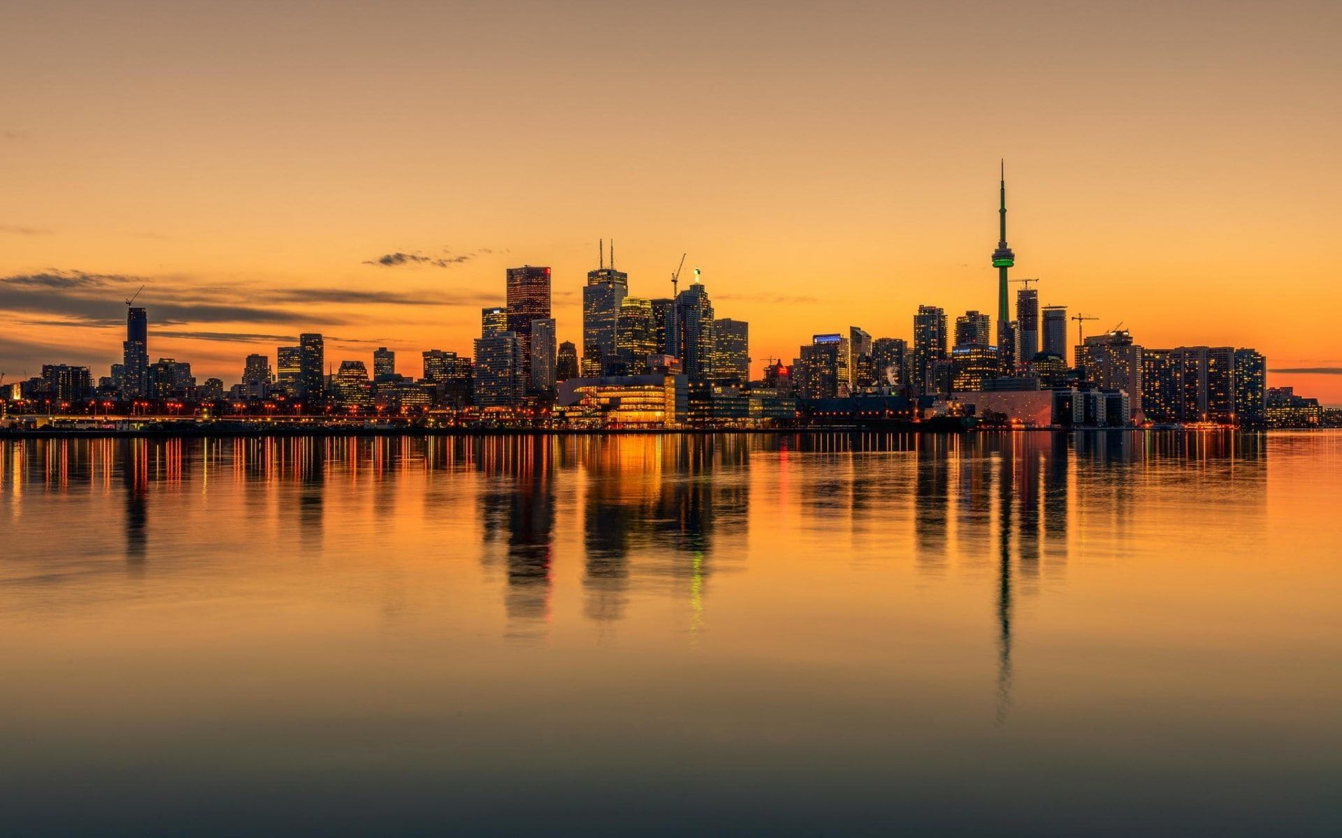 Canada, skyline, 1080P, Cityscape, reflection, Toronto, water, sunset, HD Wallpaper