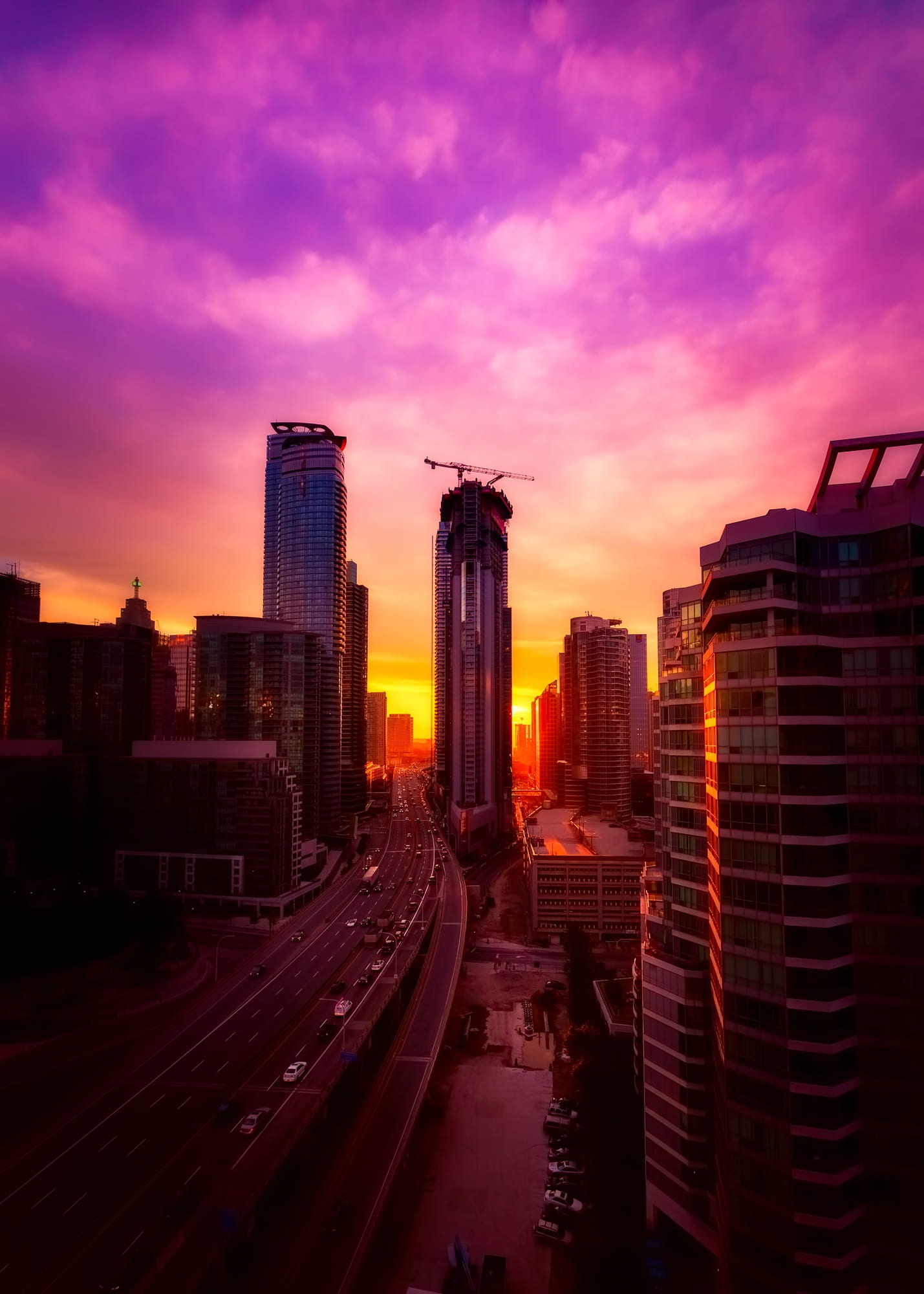skyline, buildings, architecture, tall - high, modern, orange color, purple, clouds, urban, no people, dawn, sky, view, 1080P, building exterior, nature, Phone HD Wallpaper