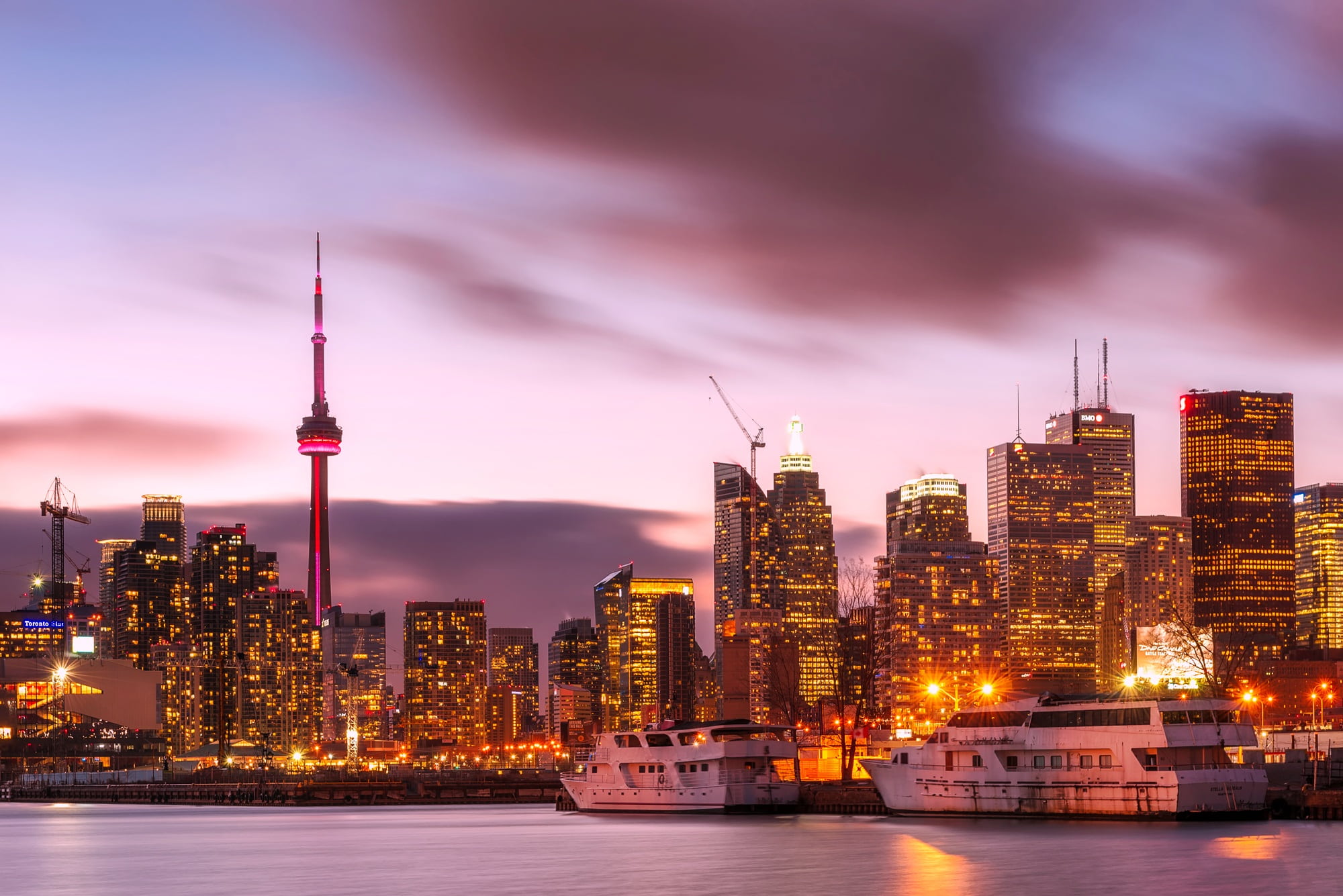 buildings, city, building exterior, landscape, sunset, ships, clouds, building, hour, tv tower, skyline, cityscape, nature, sky, night, hdr, modern, reflections, HD Wallpaper