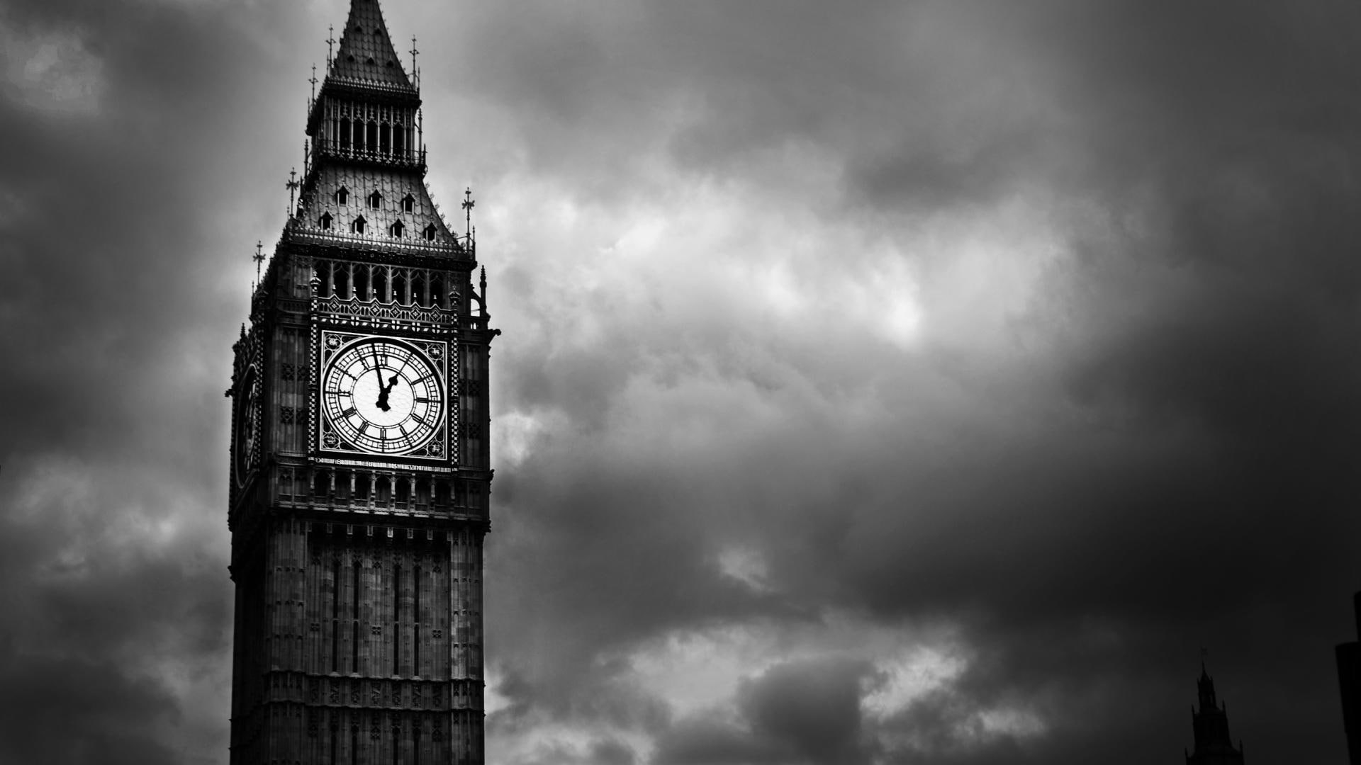 united kingdom, big ben, big, grayscale, london, world, photo, 1080P, 1920x1080, ben, england, HD Wallpaper