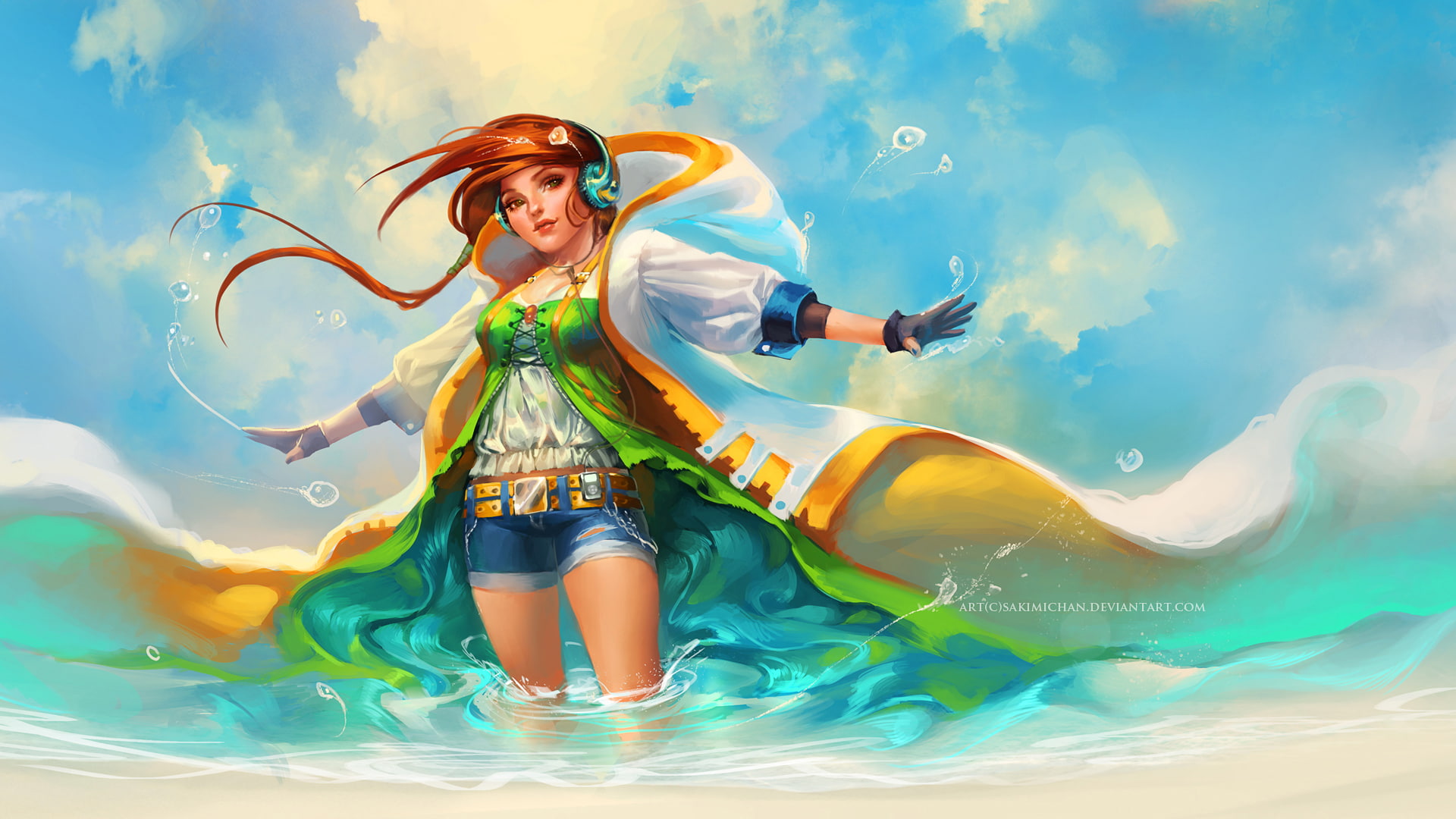 mujer, rojo, mar, 1080P, anime, pelo, musica, HD Wallpaper