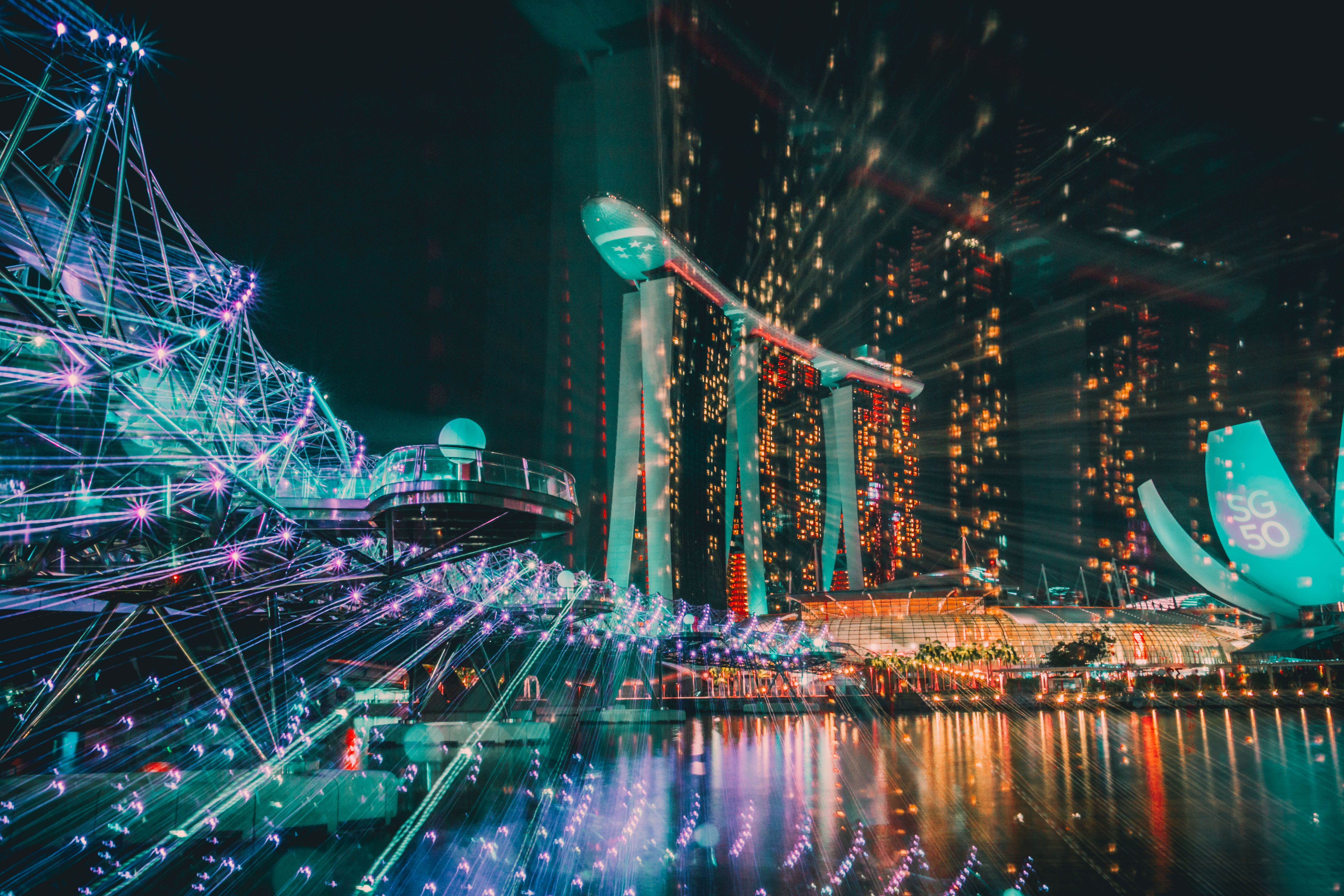 motion, architecture, light, river, 5K, streetphotography, travel destinations, skyscraper, transportation, nature, lightshow, sands, built structure, HD Wallpaper