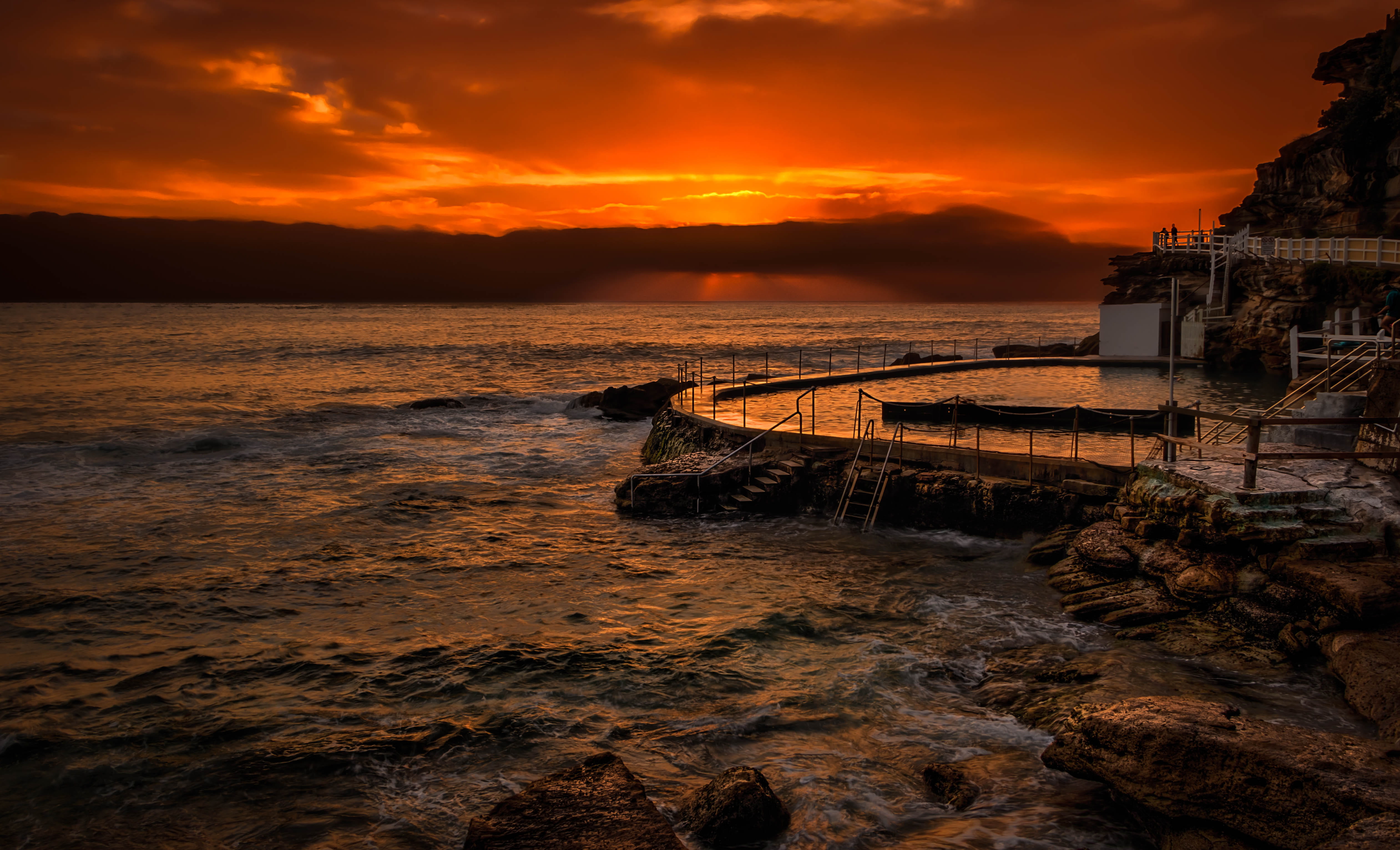 dusk, cloud, cloud - sky, sky, beauty in nature, body, wave, sunset, sea, outdoors, cloudscape, pool, nature, water, pier at sunset, built structure, australium, HD Wallpaper